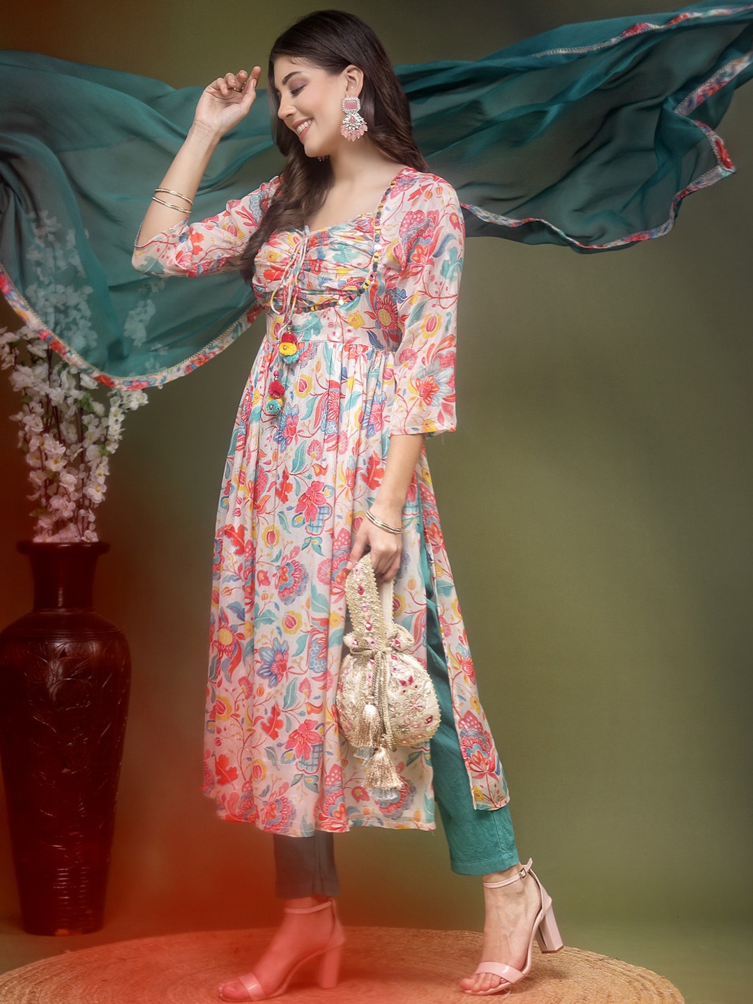 Ramas Floral Printed High Slit Mirror Work Kurta With Trousers & Dupatta, Pink
Ramas Floral Printed High Slit Mirror Work Kurta With Trousers & Dupatta, Pink