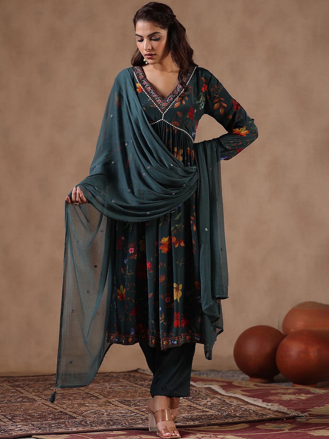SCAKHI Floral Printed Beads & Stones Empire Kurta With Trousers & Dupatta, Teal
SCAKHI Floral Printed Beads & Stones Empire Kurta With Trousers & Dupatta, Teal