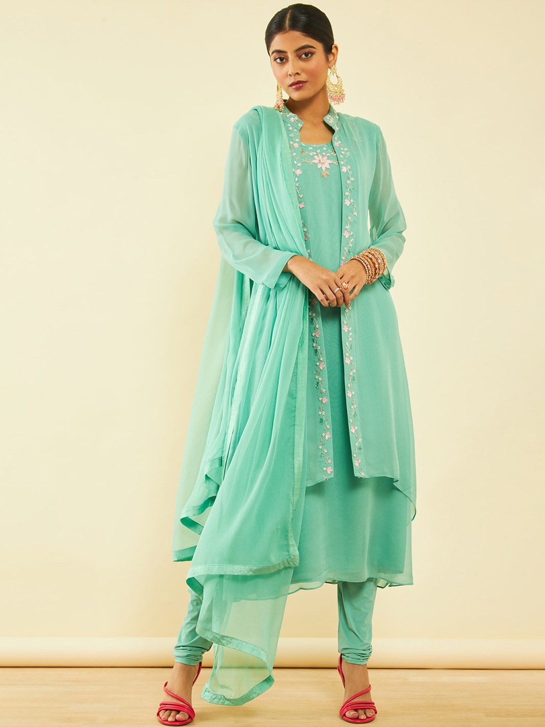 Soch Floral Yoke Design Beads and Stones Kurta & Churidar & Dupatta With Shrug, Green
Soch Floral Yoke Design Beads and Stones Kurta & Churidar & Dupatta With Shrug, Green