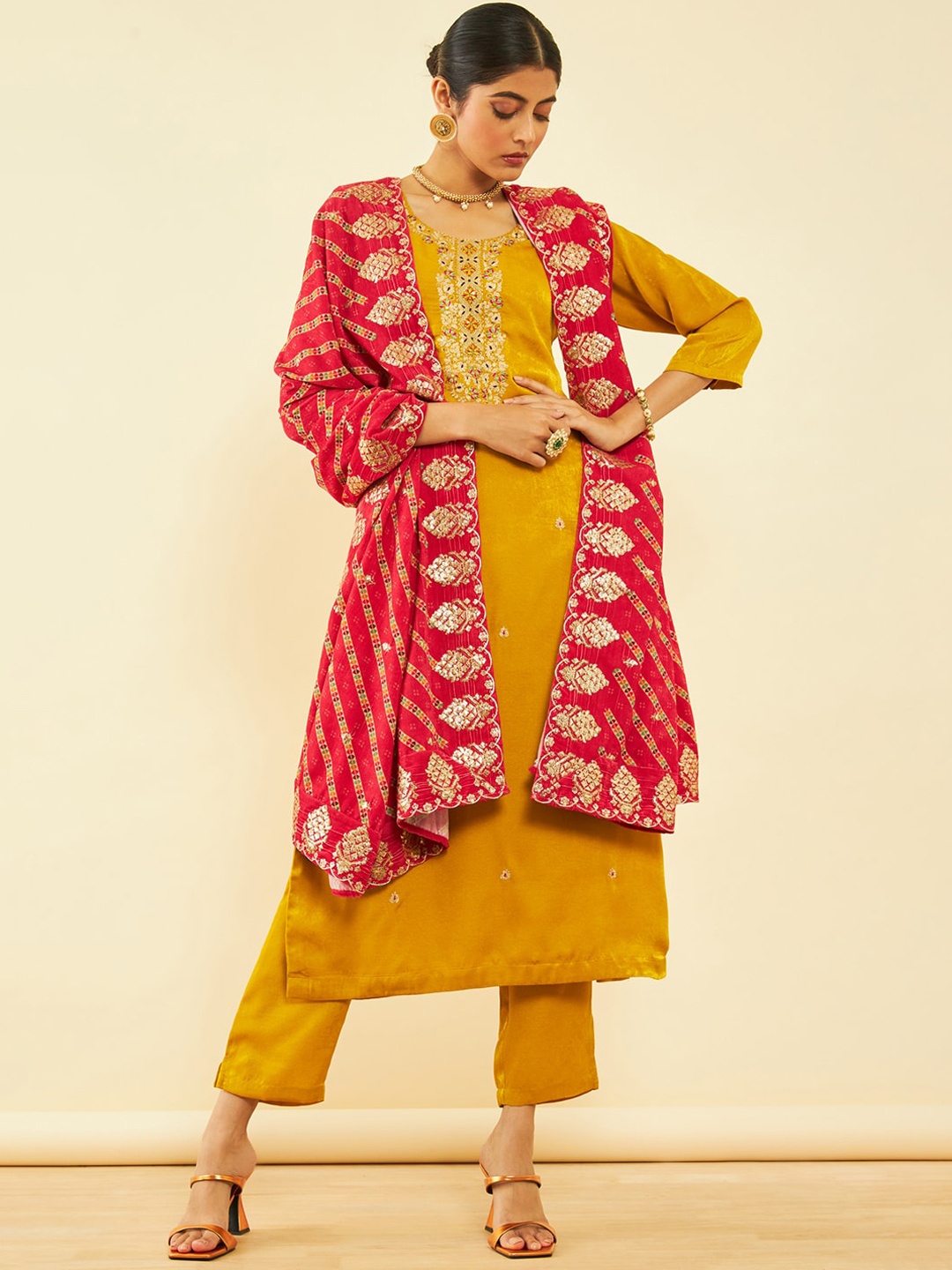 Soch Mustard Yellow Embroidered Mirror Work Velvet Kurta With Trousers & Dupatta
Soch Mustard Yellow Embroidered Mirror Work Velvet Kurta With Trousers & Dupatta