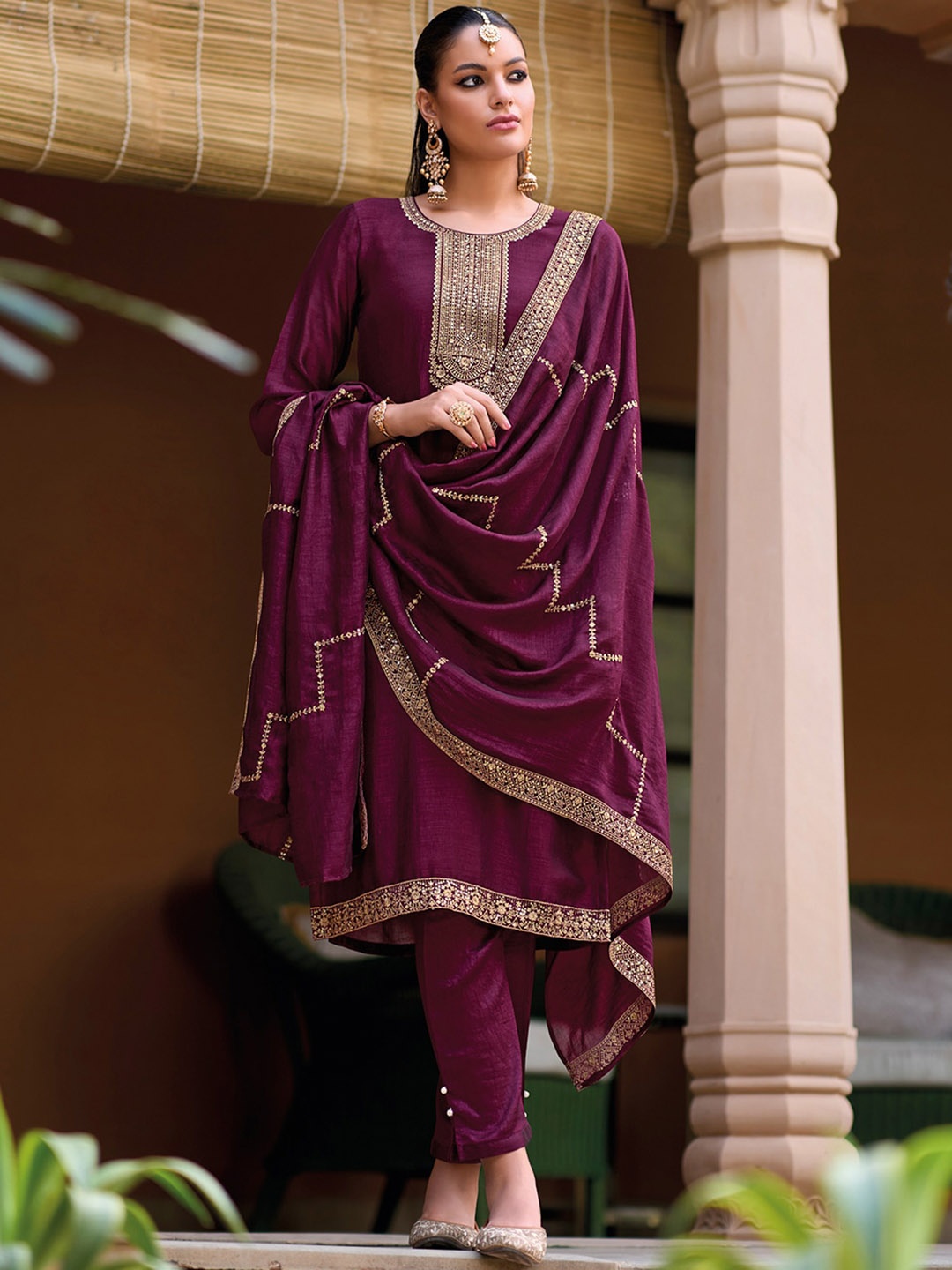 Indo Era Ethnic Motifs Embroidered Sequinned Straight Kurta With Trousers & Dupatta, Burgundy
Indo Era Ethnic Motifs Embroidered Sequinned Straight Kurta With Trousers & Dupatta, Burgundy