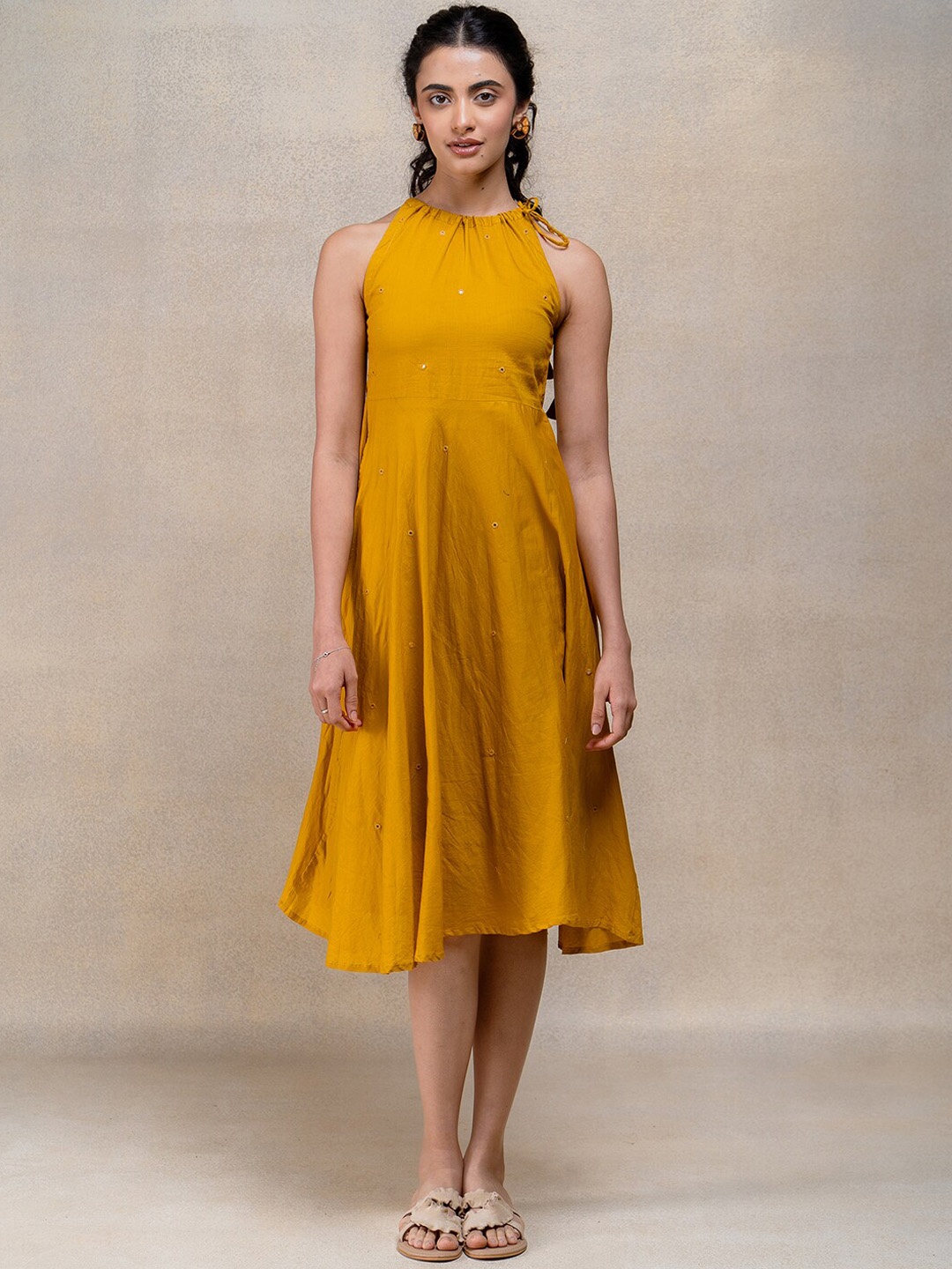 OKHAI Embroidered & Mirrorwork Flared Ethnic Dresses, Yellow