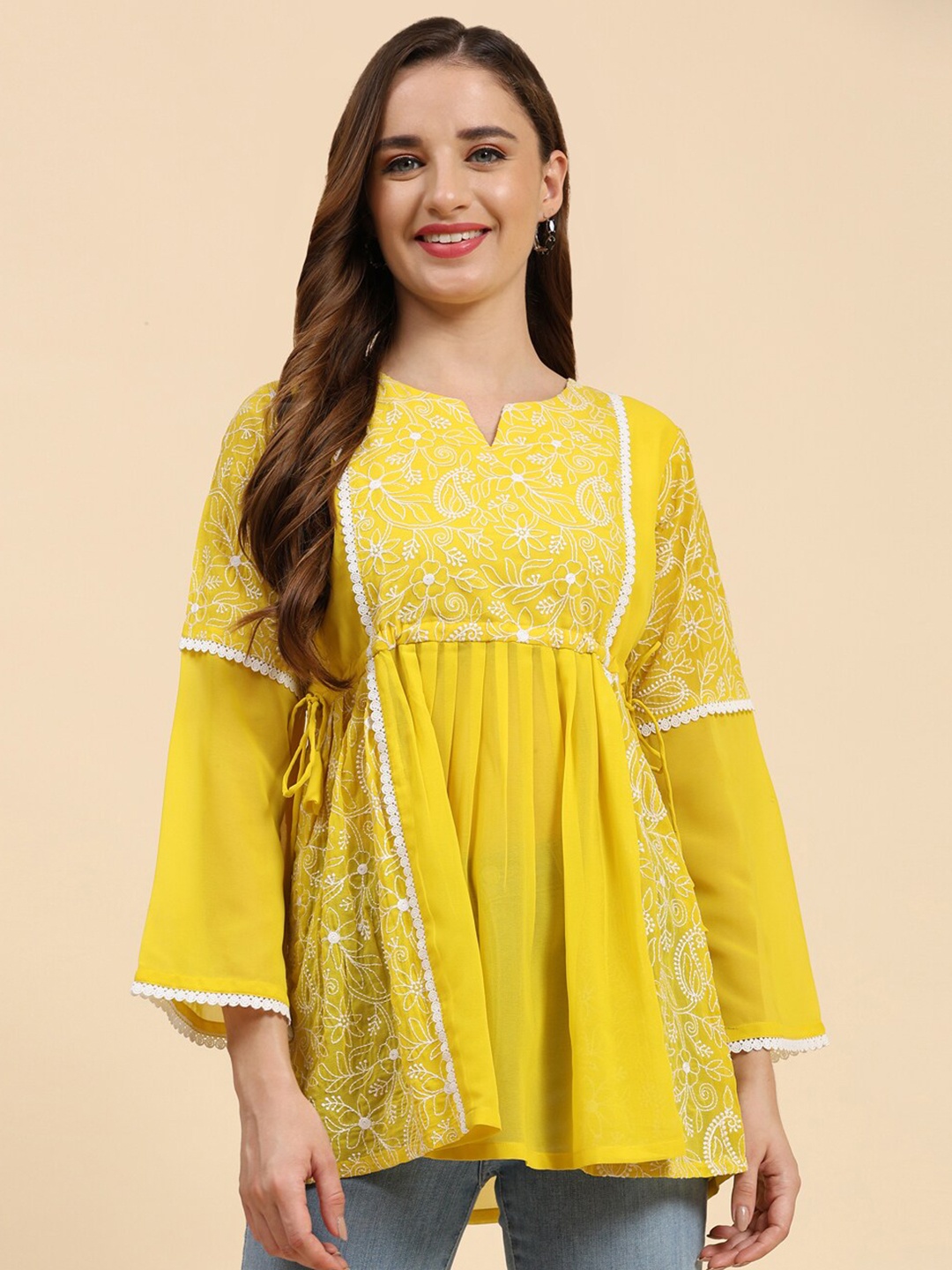Growish Floral Embroidered Flared Sleeves Tie-Ups Detail Georgette Empire Top, Yellow
Growish Floral Embroidered Flared Sleeves Tie-Ups Detail Georgette Empire Top, Yellow
