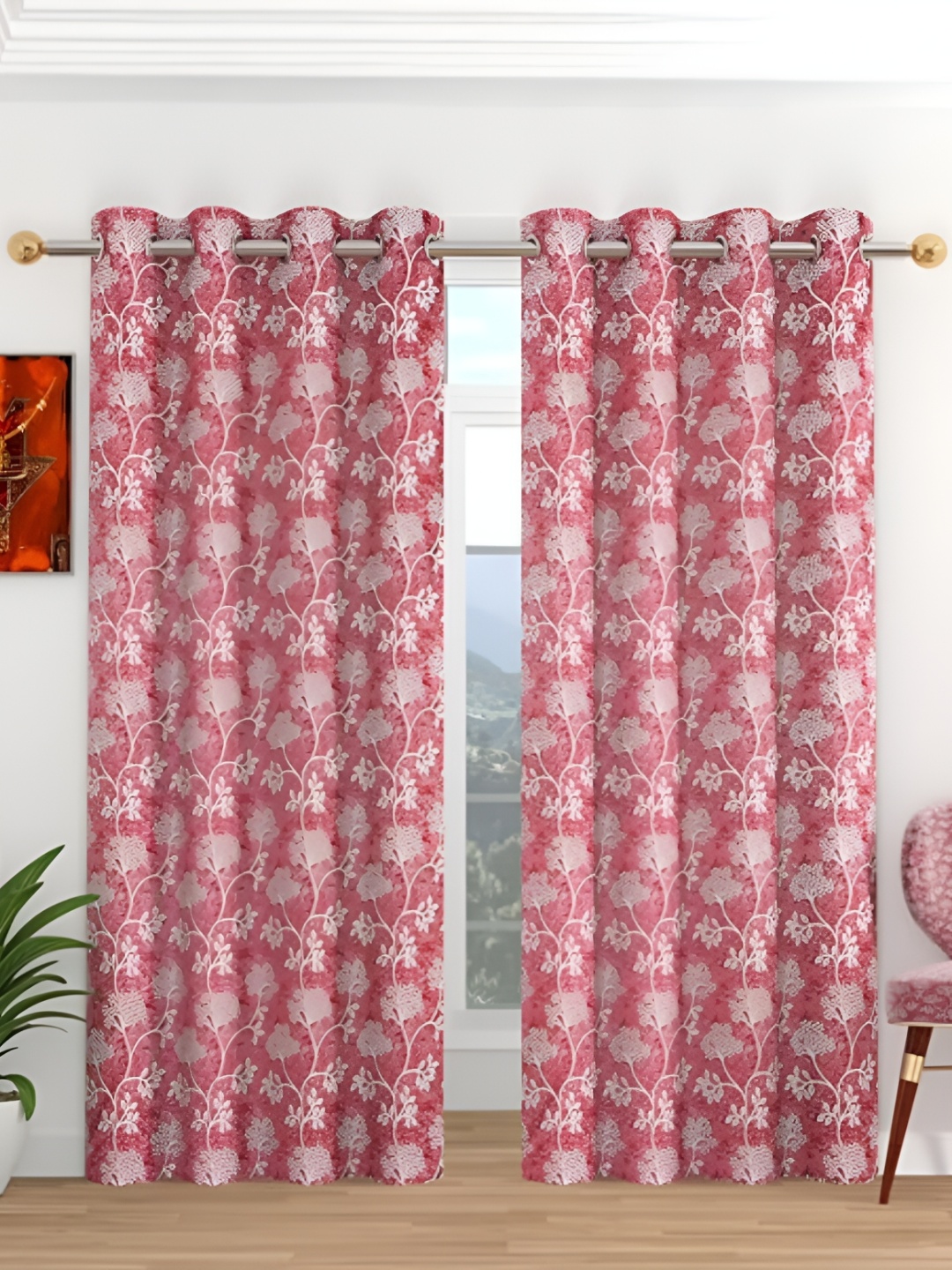 Curtain King Maroon & White 2 Pieces Floral Regular Long Door Curtains