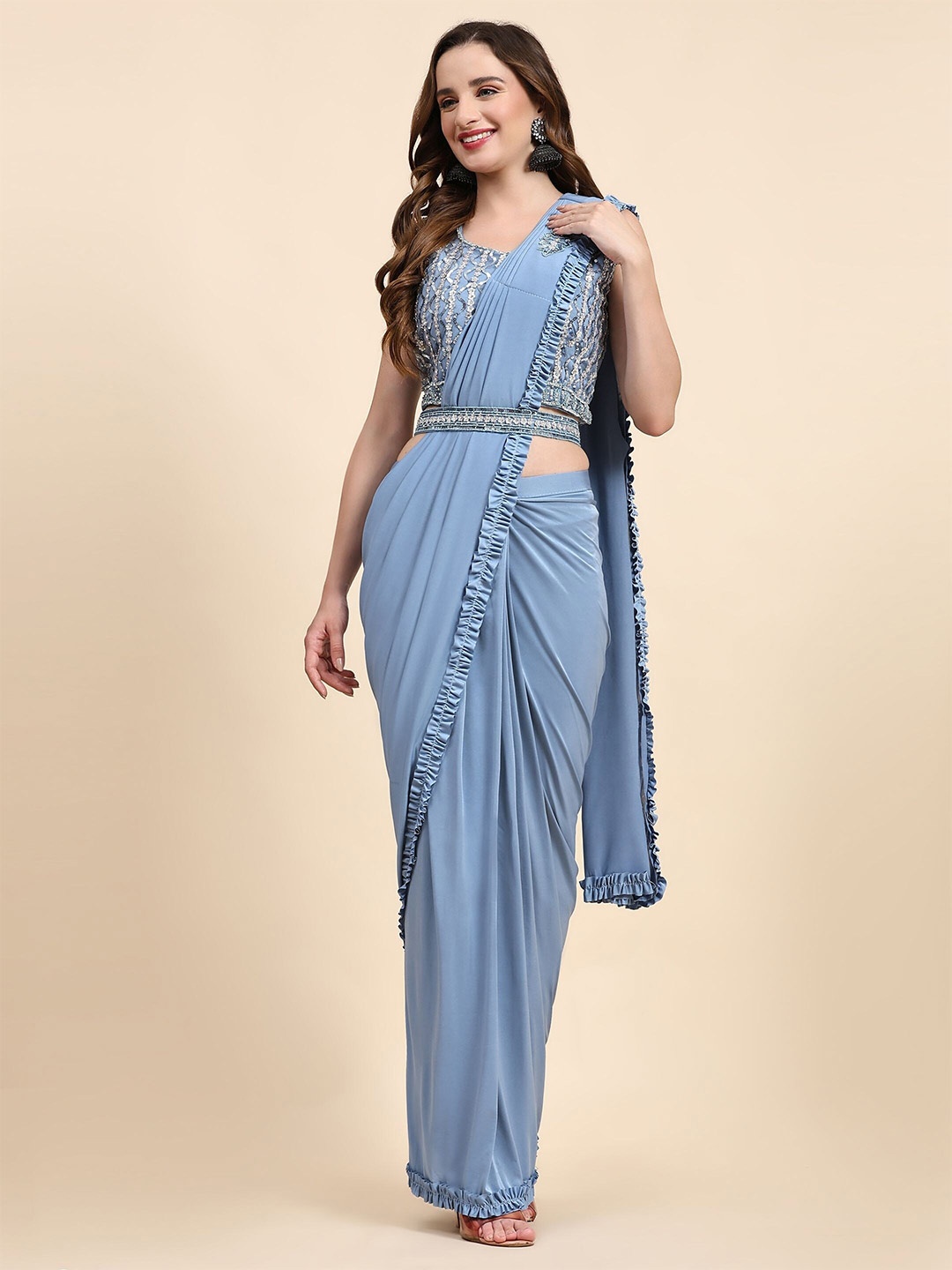 Phenav Ready to Wear Saree, Turquoise blue