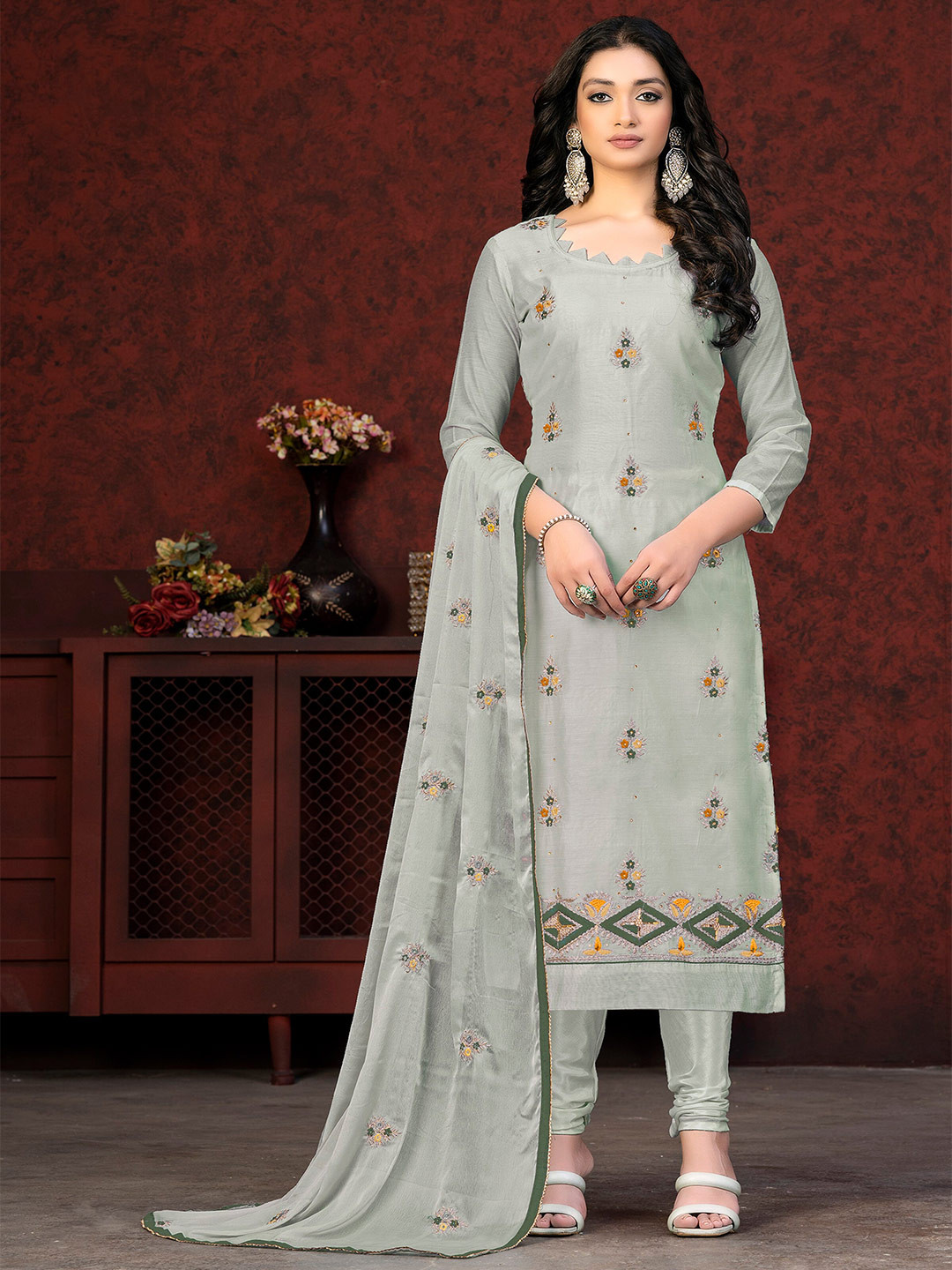 KALINI Ethnic Motifs Embroidered Sequinned Detail Unstitched Dress Material, Grey 
KALINI Ethnic Motifs Embroidered Sequinned Detail Unstitched Dress Material, Grey