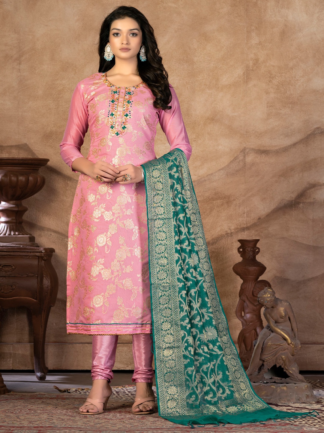 KALINI Pink & Pink Embroidered Unstitched Dress Material