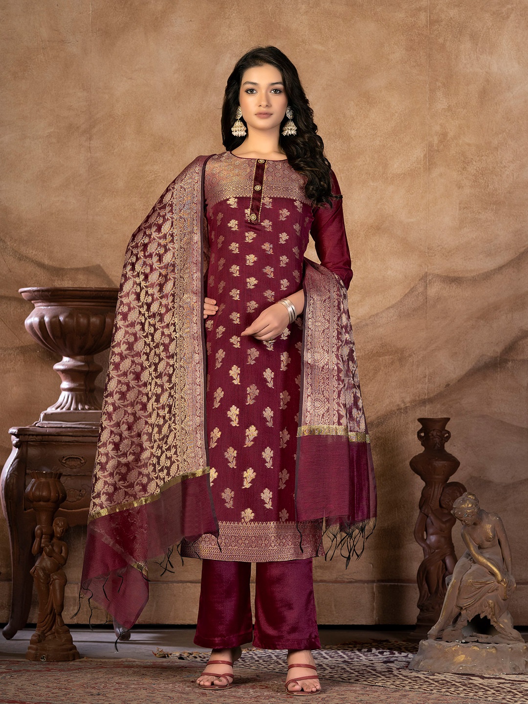 KALINI Maroon & Maroon Unstitched Dress Material