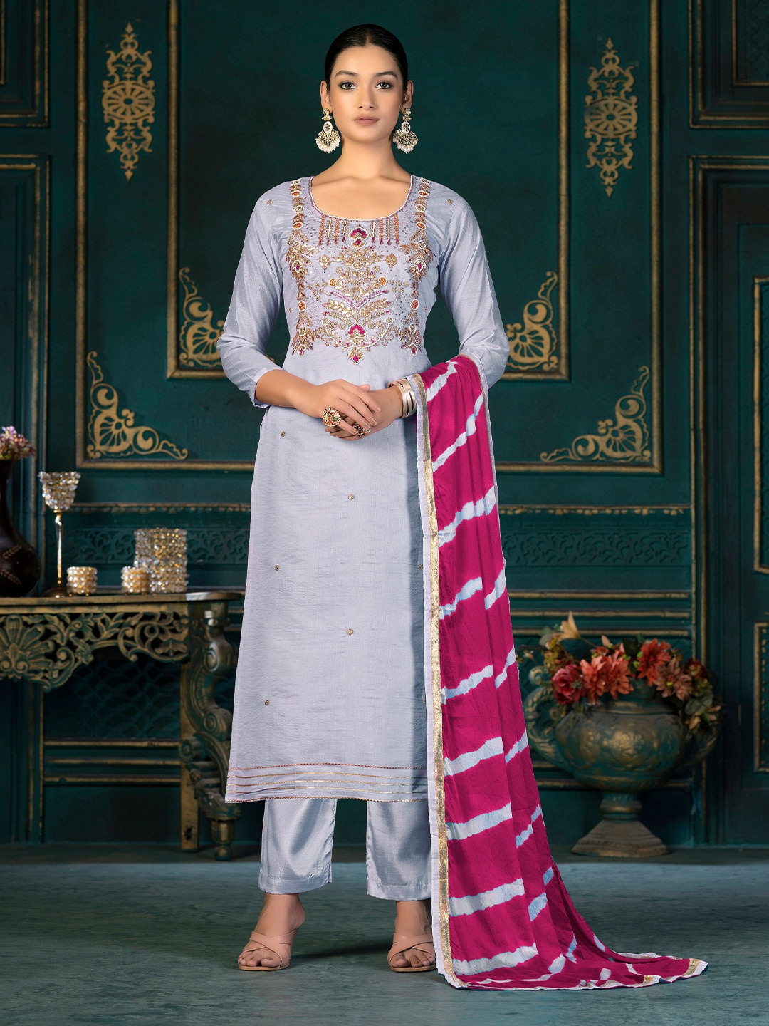 KALINI Ethnic Motifs Embroidered Beads & Stones Detailed Unstitched Dress Material, Grey
KALINI Ethnic Motifs Embroidered Beads & Stones Detailed Unstitched Dress Material, Grey