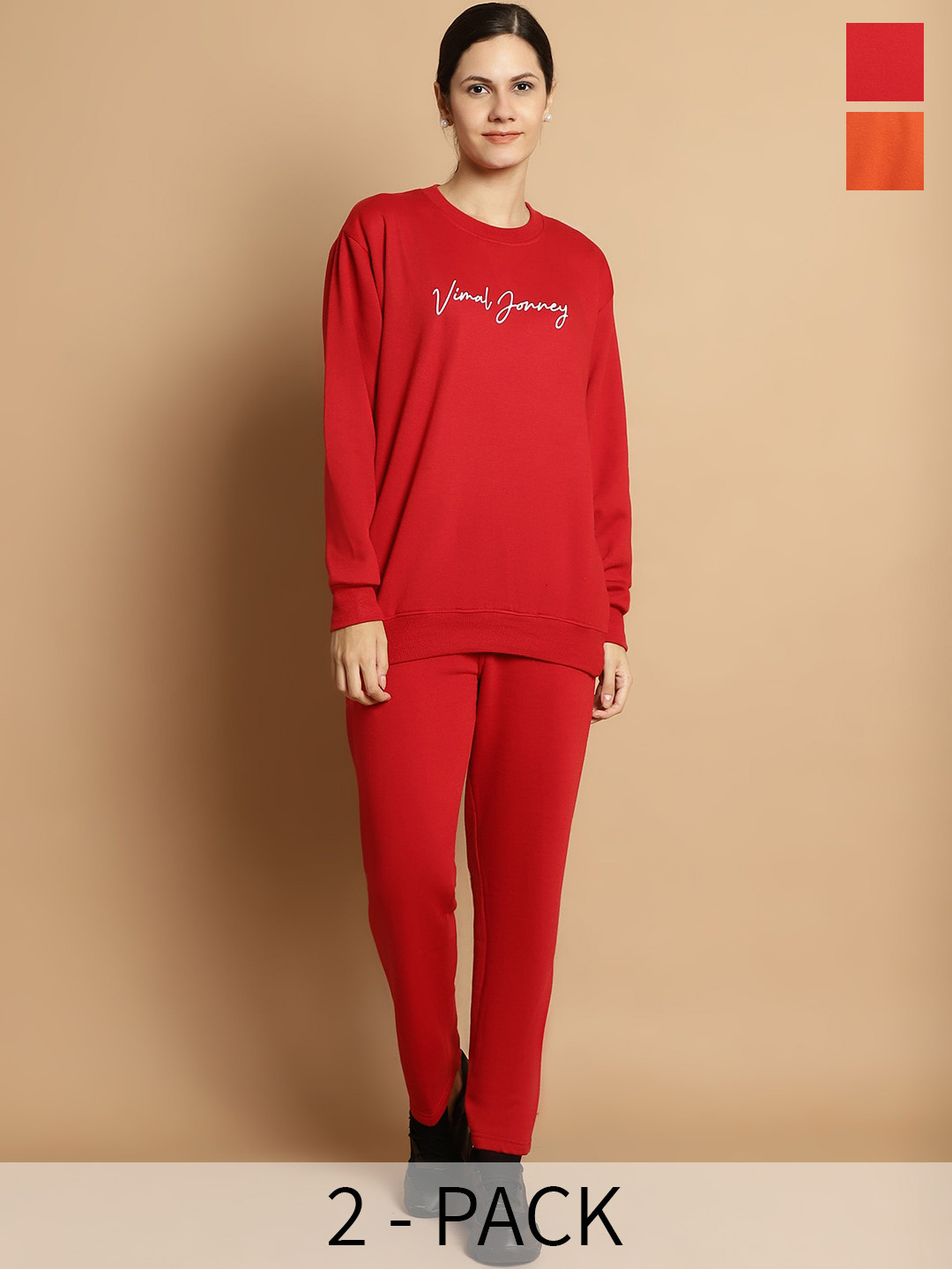 VIMAL JONNEY Pack Of 2 Typography Printed Fleece Tracksuits, Red 
VIMAL JONNEY Pack Of 2 Typography Printed Fleece Tracksuits, Red