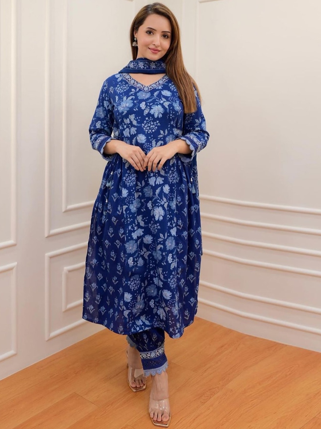 KALINI Floral Printed Thread Work Detailed Pure Cotton A-Line Kurta & Trouser With Dupatta, Navy blue
KALINI Floral Printed Thread Work Detailed Pure Cotton A-Line Kurta & Trouser With Dupatta, Navy blue