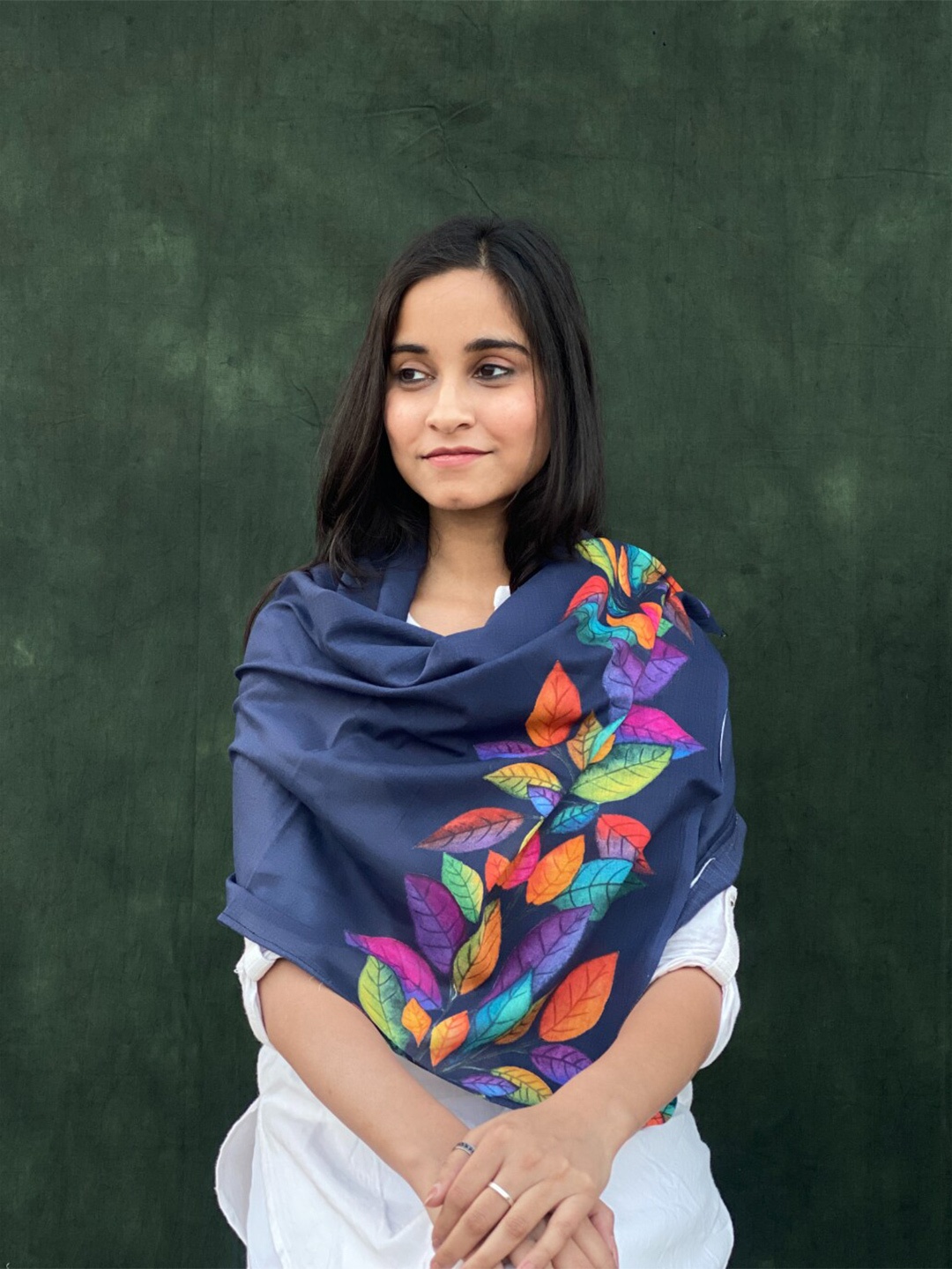 BUTA BUTI Floral Printed Cotton Stole, Navy blue