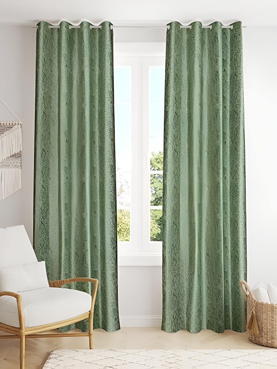 Curtain King Green 2 Pieces Floral Sheer Long Door Curtains
