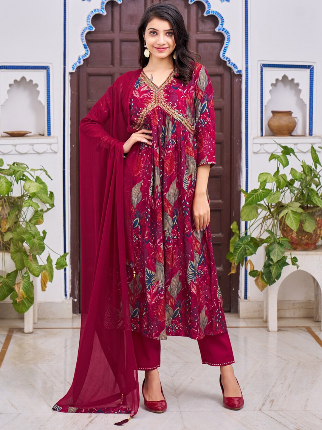 KALINI Floral Printed Thread Work Detail Chanderi Silk A-Line Kurta & Trouser With Dupatta, Maroon
KALINI Floral Printed Thread Work Detail Chanderi Silk A-Line Kurta & Trouser With Dupatta, Maroon