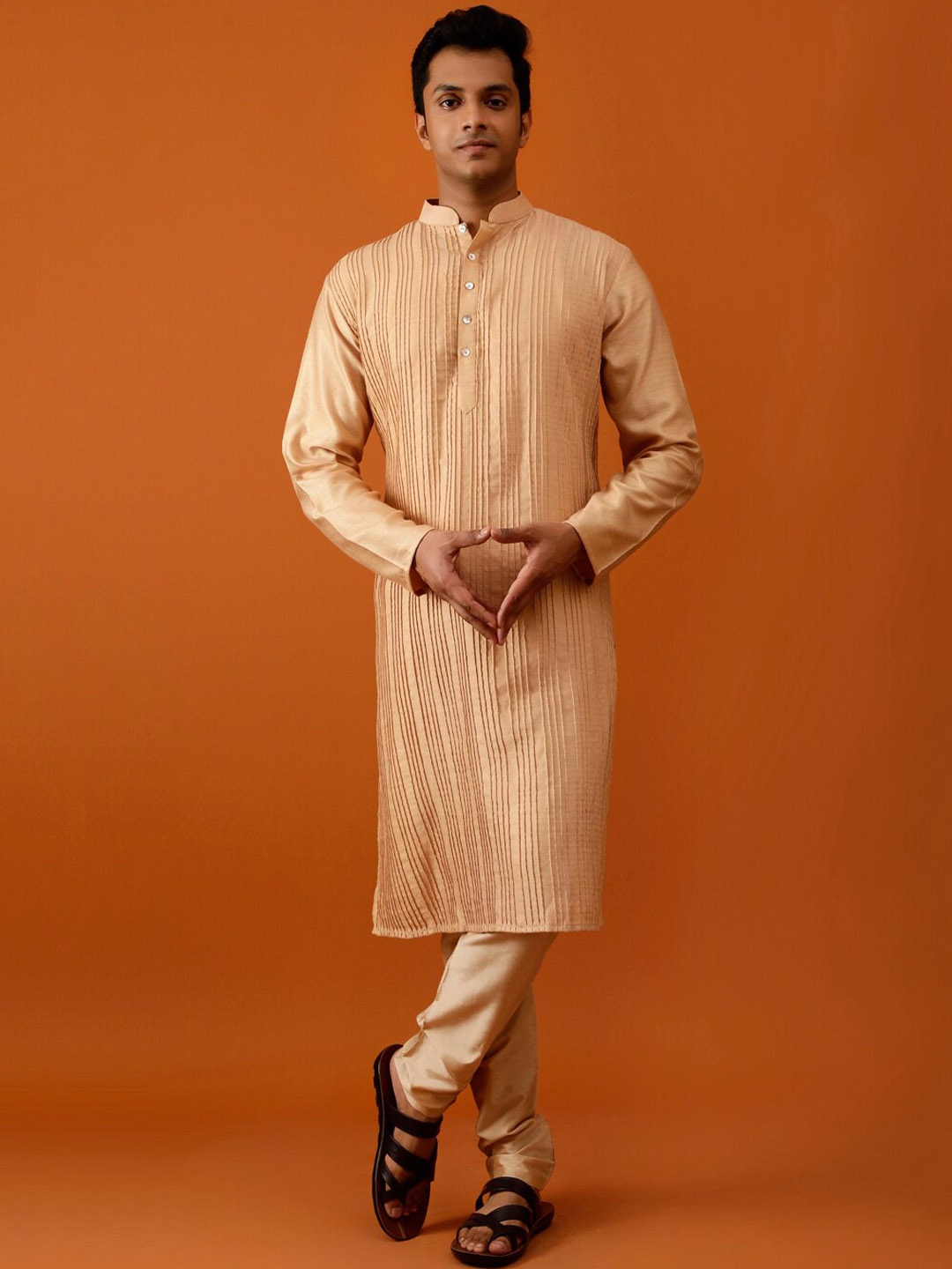 Streaks & Crosses Striped Mandarin Collar Pure Silk Straight Kurta with Churidar, Beige
Streaks & Crosses Striped Mandarin Collar Pure Silk Straight Kurta with Churidar, Beige