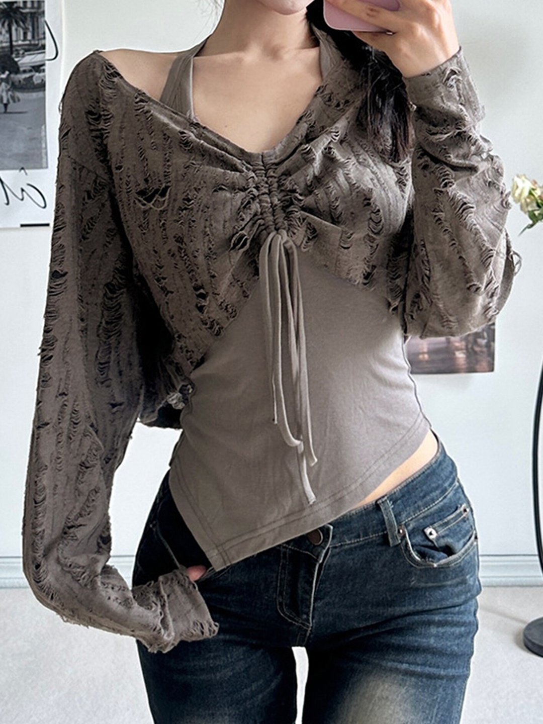 LULU & SKY Abstract Printed Regular Top, Grey
