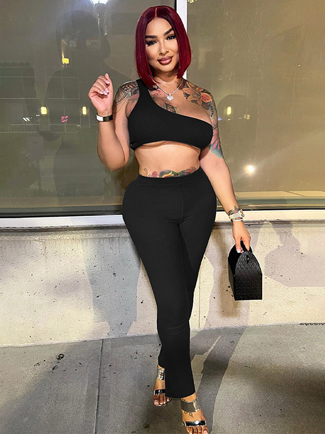 LULU & SKY One Shoulder Crop Top With Trousers Co-Ords, Black 
LULU & SKY One Shoulder Crop Top With Trousers Co-Ords, Black