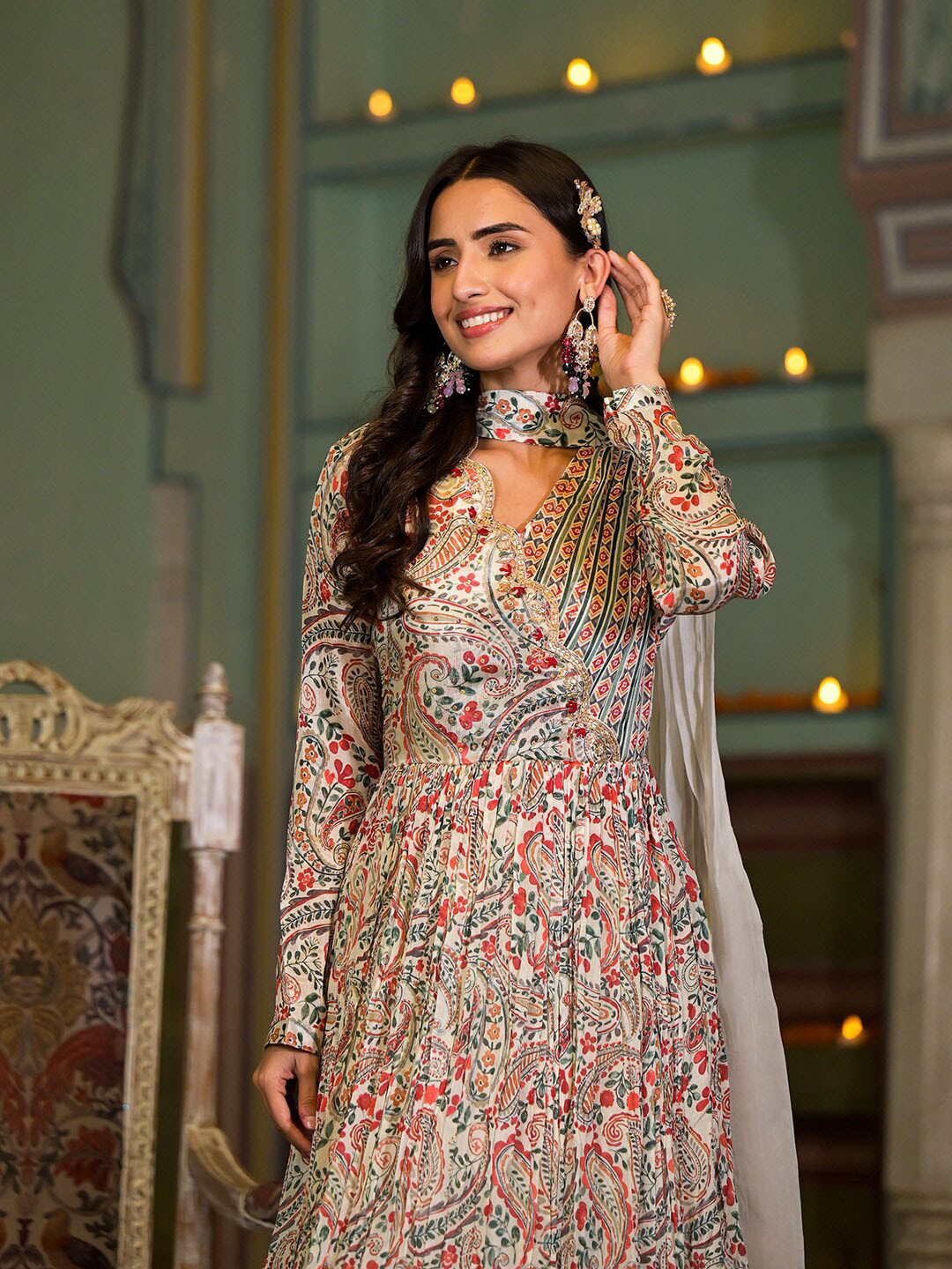 Divena Ethnic Motifs Printed V-Neck Embroidered A-Line Ethnic Dress With Dupatta, Beige
Divena Ethnic Motifs Printed V-Neck Embroidered A-Line Ethnic Dress With Dupatta, Beige