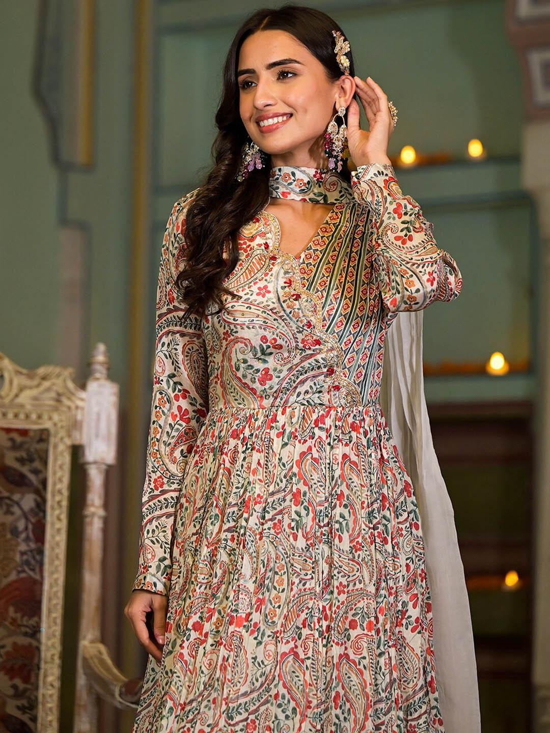 Divena Ethnic Motifs Printed V-Neck Embroidered A-Line Ethnic Dress With Dupatta, Beige 
Divena Ethnic Motifs Printed V-Neck Embroidered A-Line Ethnic Dress With Dupatta, Beige