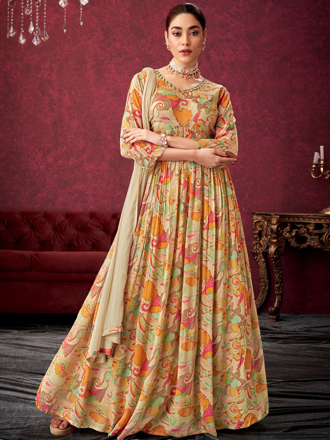 KALINI Floral Printed V-Neck Bell Sleeves Embroidered Maxi Ethnic Dress With Dupatta, Beige
KALINI Floral Printed V-Neck Bell Sleeves Embroidered Maxi Ethnic Dress With Dupatta, Beige