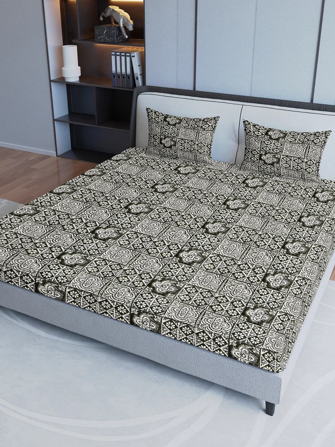 Aura Black & Beige Ethnic Motifs Cotton 200 TC Queen Bedsheet with 2 Pillow Covers
Aura Black & Beige Ethnic Motifs Cotton 200 TC Queen Bedsheet with 2 Pillow Covers
