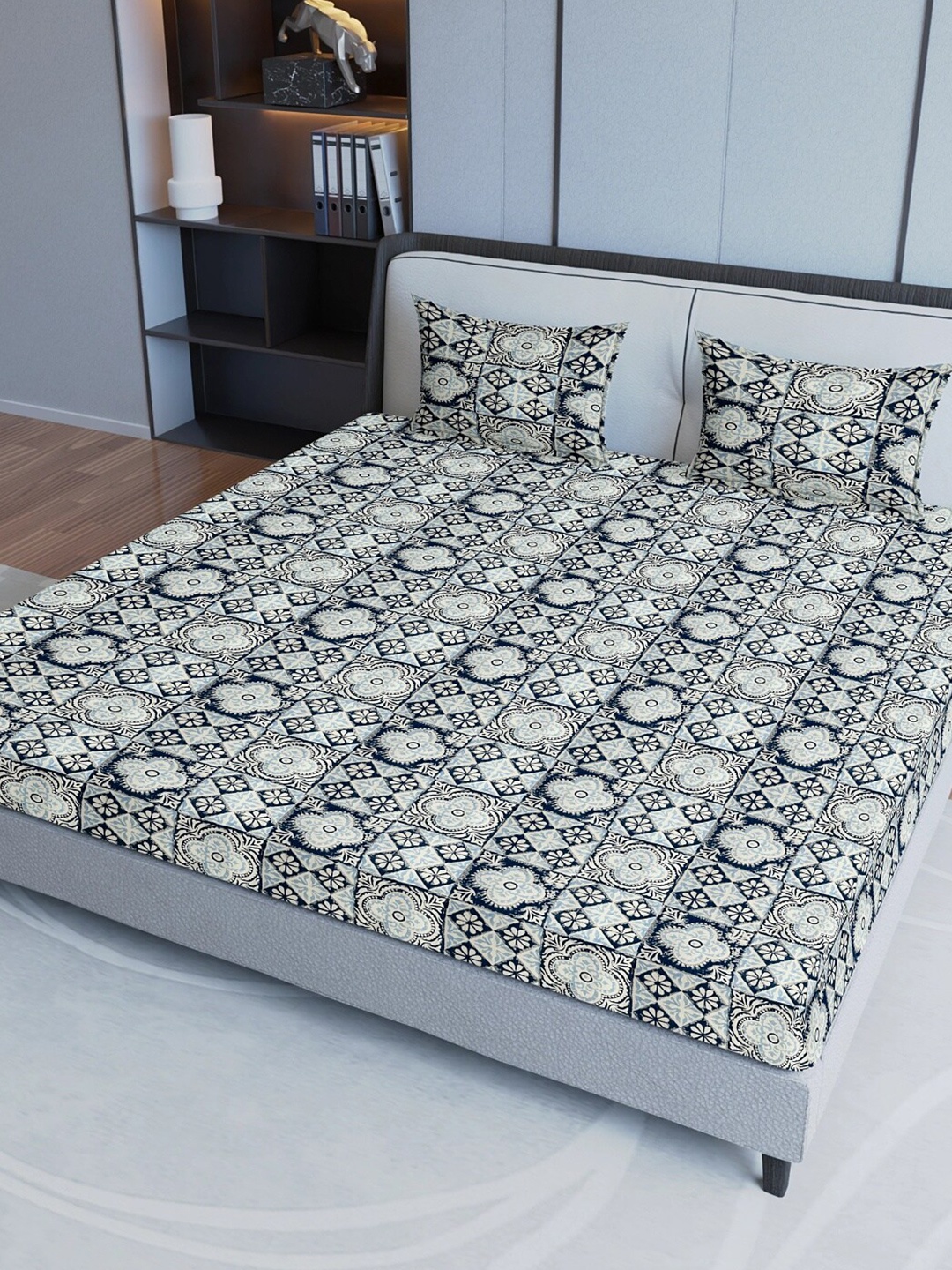 Aura Blue & White Ethnic Motifs Cotton 200 TC Queen Bedsheet with 2 Pillow Covers
Aura Blue & White Ethnic Motifs Cotton 200 TC Queen Bedsheet with 2 Pillow Covers