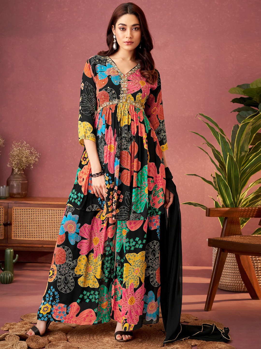 KALINI Floral Printed Pleated Beads and Stones Anarkali Kurti With Palazzos & With Dupatta, Black
KALINI Floral Printed Pleated Beads and Stones Anarkali Kurti With Palazzos & With Dupatta, Black
