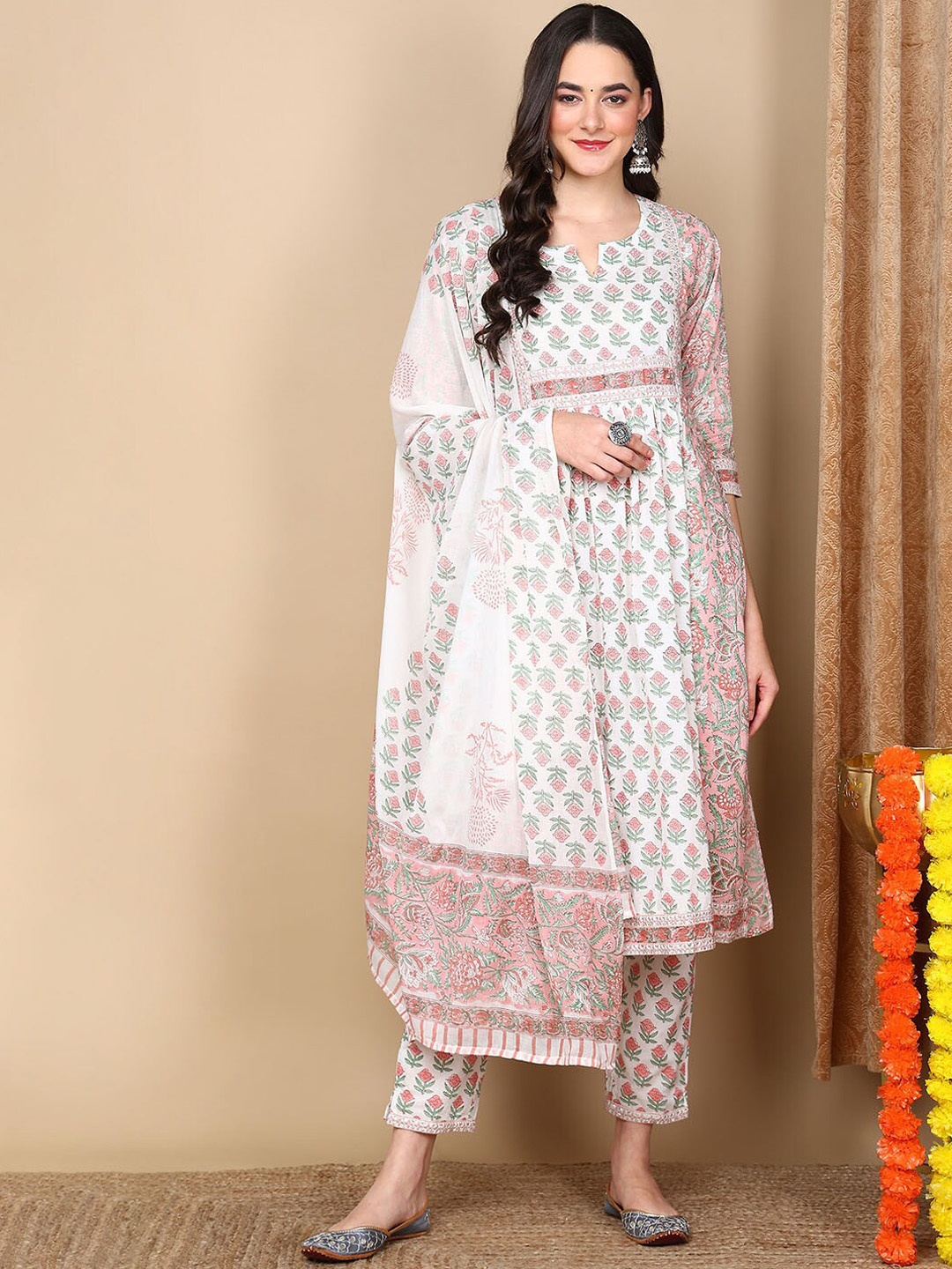 AHIKA Ethnic Motifs Printed Pure Cotton Anarkali Kurta With Trousers & Dupatta, White
AHIKA Ethnic Motifs Printed Pure Cotton Anarkali Kurta With Trousers & Dupatta, White