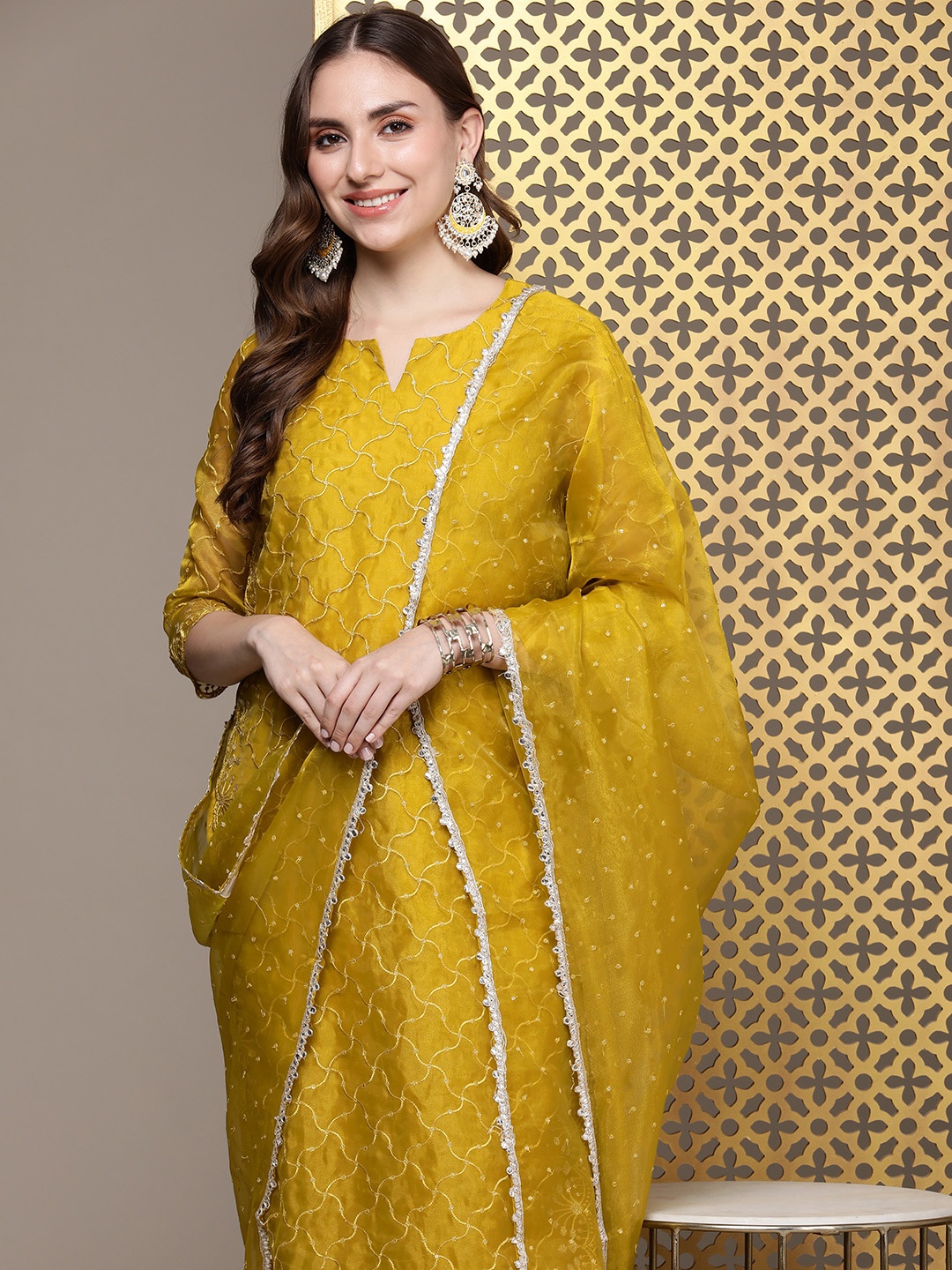 House of Pataudi Women Jashn Embroidered Sequinned Kurta With Trousers & Dupatta, Mustard
House of Pataudi Women Jashn Embroidered Sequinned Kurta With Trousers & Dupatta, Mustard