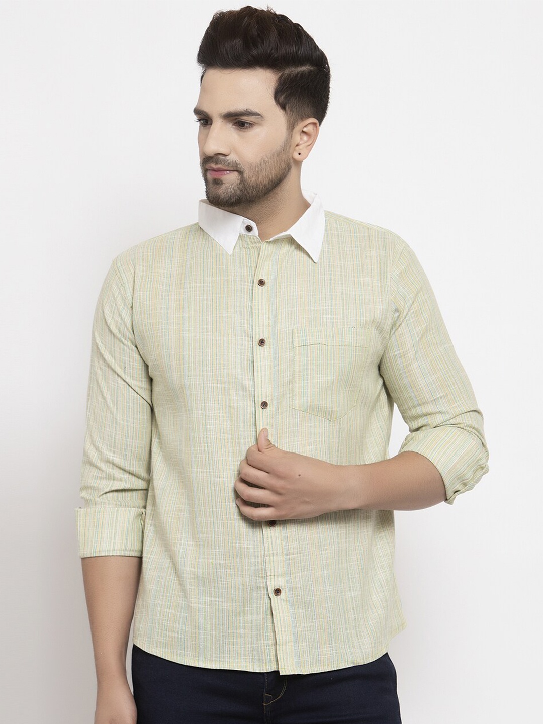 Enchanted Drapes Slim Fit Multi Striped Spread Collar Pure Cotton Casual Shirt, Green
Enchanted Drapes Slim Fit Multi Striped Spread Collar Pure Cotton Casual Shirt, Green