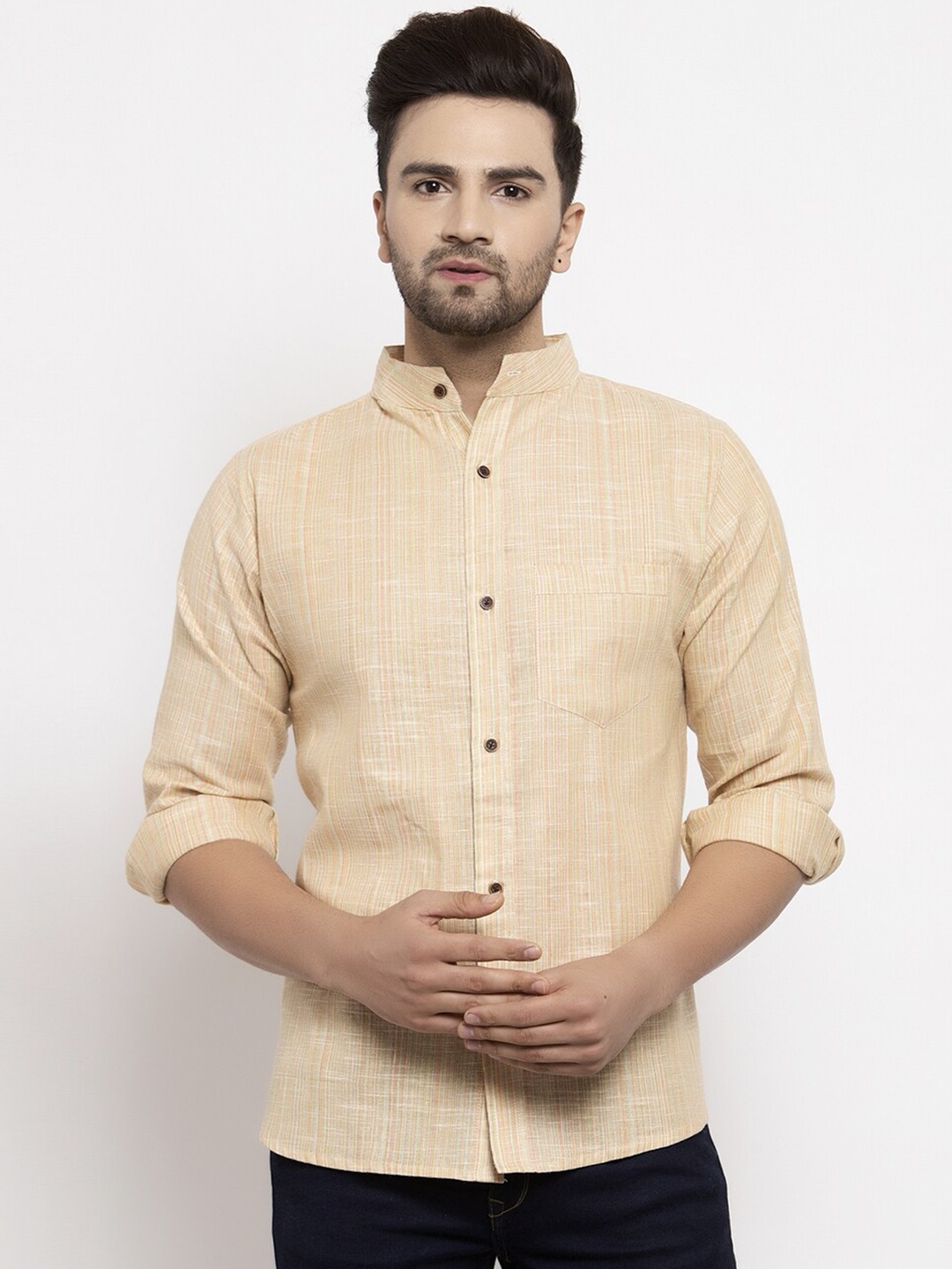 Enchanted Drapes Slim Fit Vertical Stripes Band Collar Pure Cotton Casual Shirt, Yellow
Enchanted Drapes Slim Fit Vertical Stripes Band Collar Pure Cotton Casual Shirt, Yellow