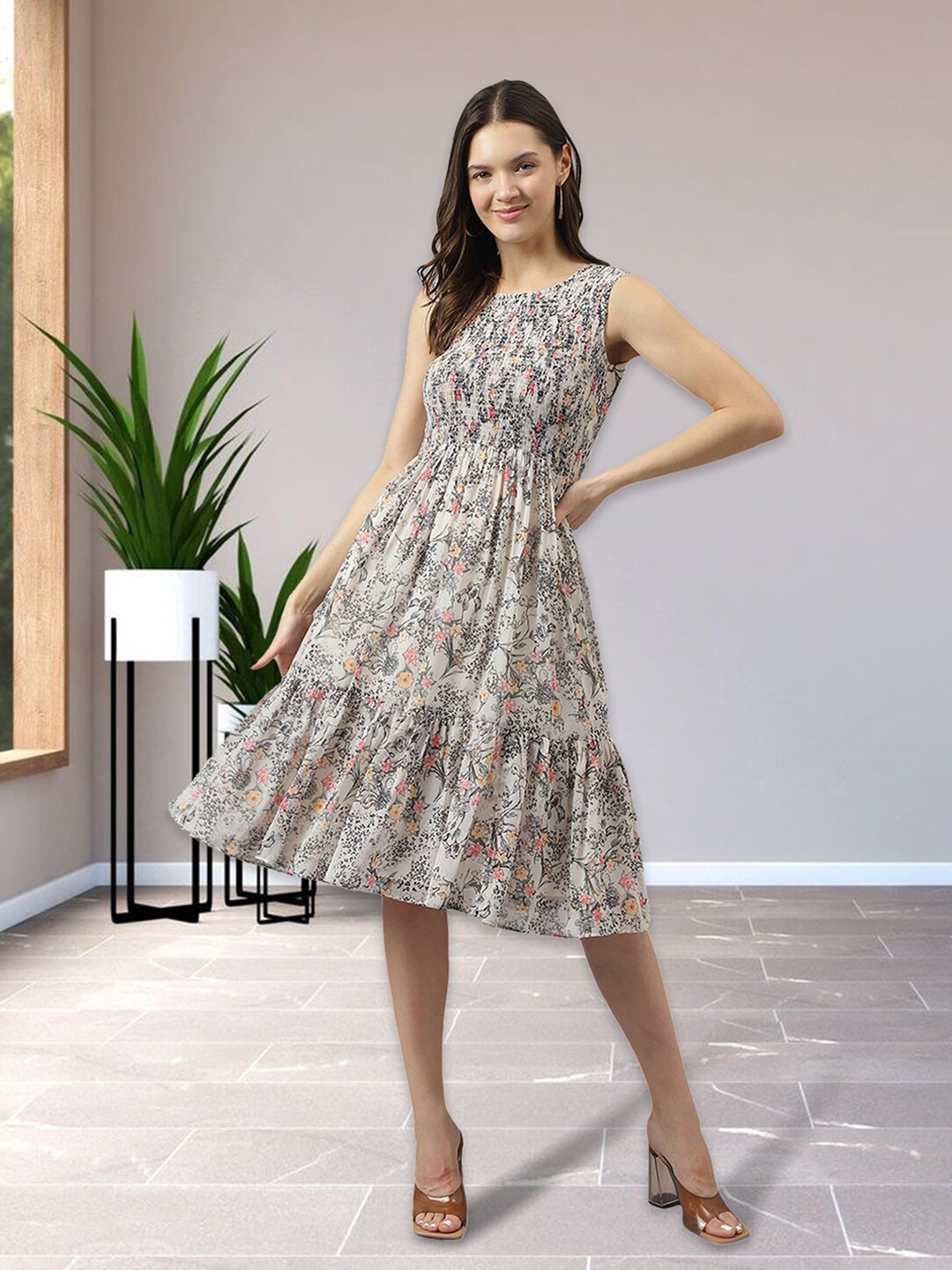 BAESD Floral Printed Georgette With Smocked Details Fit & Flare Midi Dress, Off white
BAESD Floral Printed Georgette With Smocked Details Fit & Flare Midi Dress, Off white