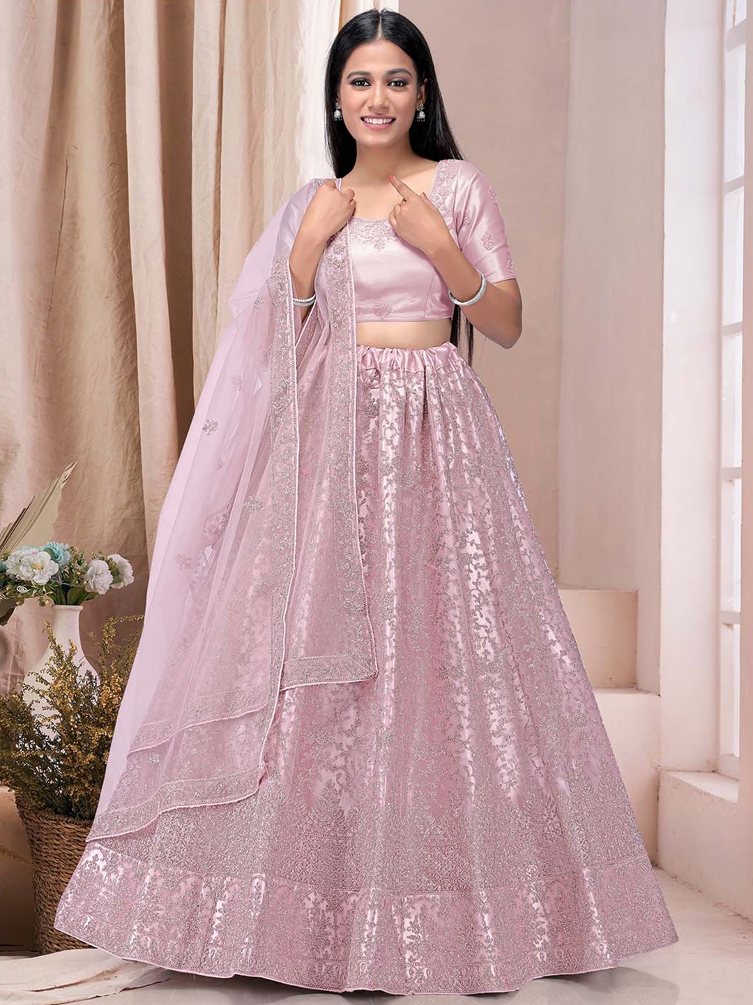 HALFSAREE STUDIO Embroidered Net Semi-Stitched Lehenga & Unstitched Blouse With Dupatta, Pink
HALFSAREE STUDIO Embroidered Net Semi-Stitched Lehenga & Unstitched Blouse With Dupatta, Pink
