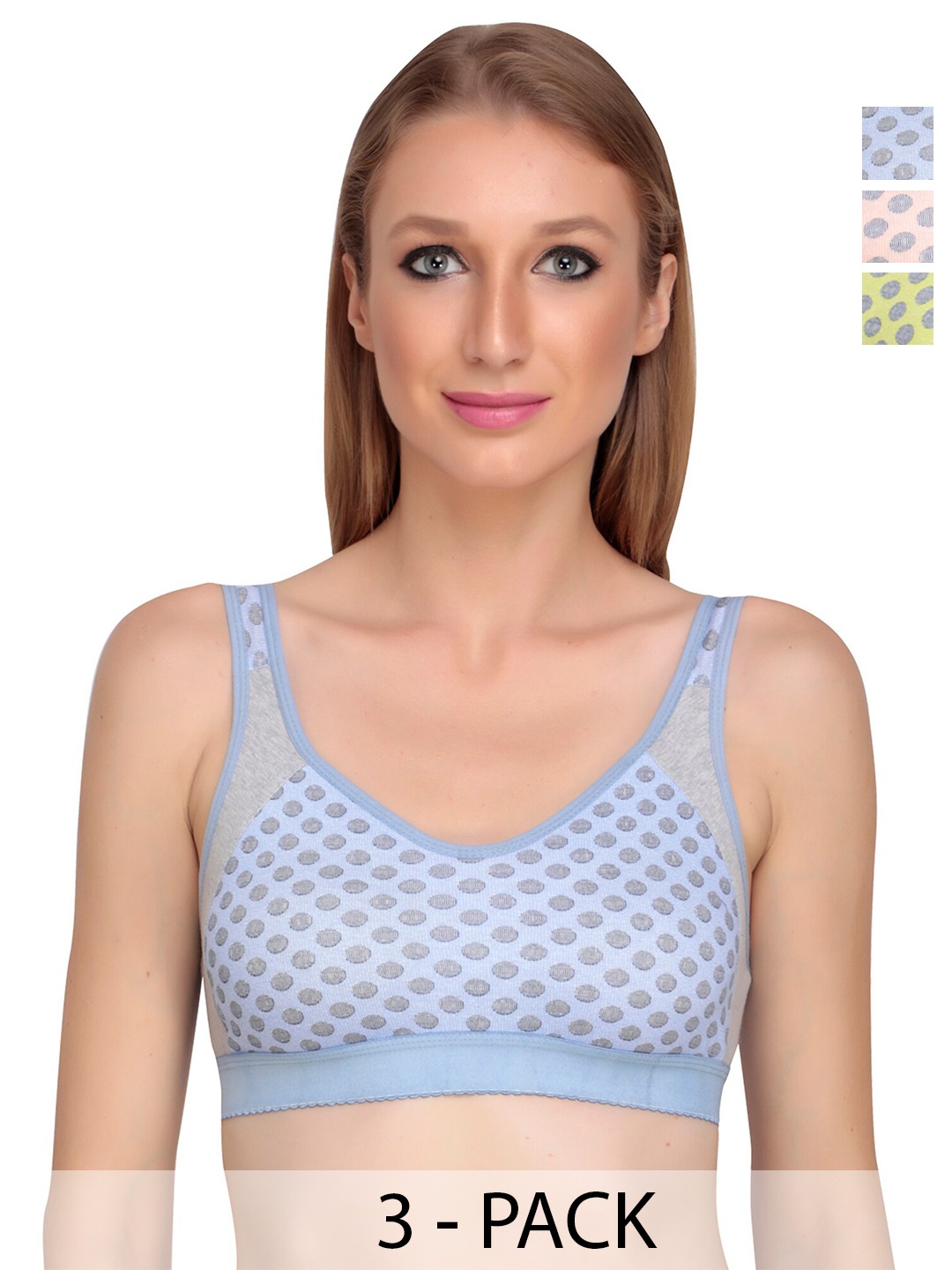 Liigne Pack Of 3 Polka Dots Printed Low Support Workout Bras With All Day Comfort, Blue
Liigne Pack Of 3 Polka Dots Printed Low Support Workout Bras With All Day Comfort, Blue