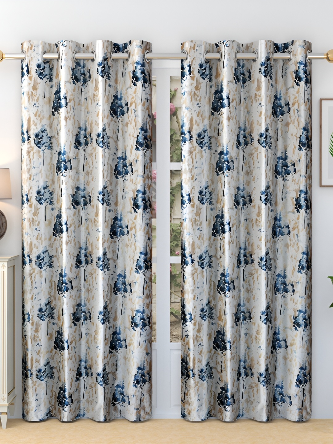 Ville Style Blue & White 2 Pieces Floral Room Darkening Long Door Curtains
