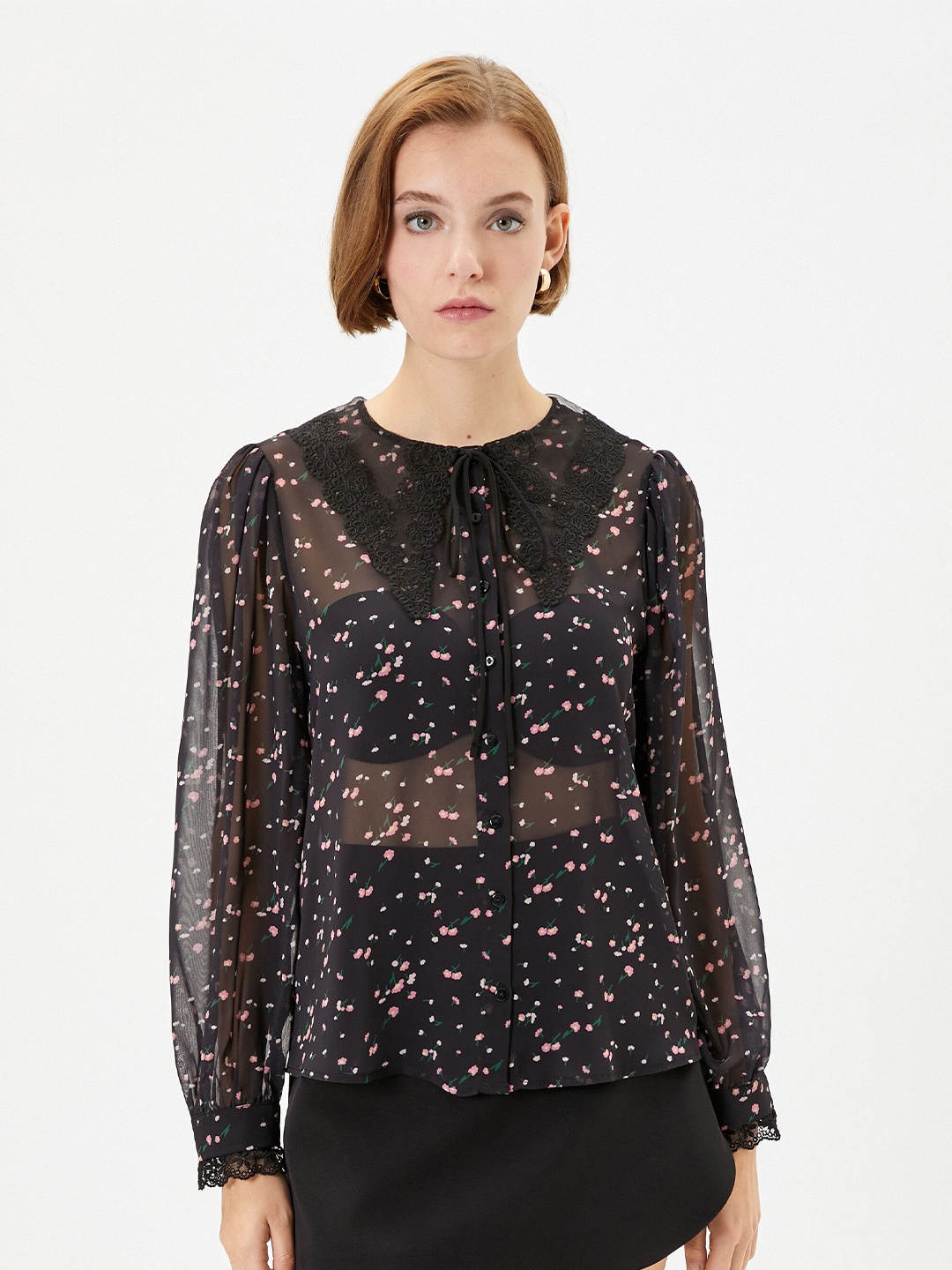 Koton Floral Printed Above the Keyboard Collar Puff Sleeves Semi Sheer Shirt Style Top, Black
Koton Floral Printed Above the Keyboard Collar Puff Sleeves Semi Sheer Shirt Style Top, Black
