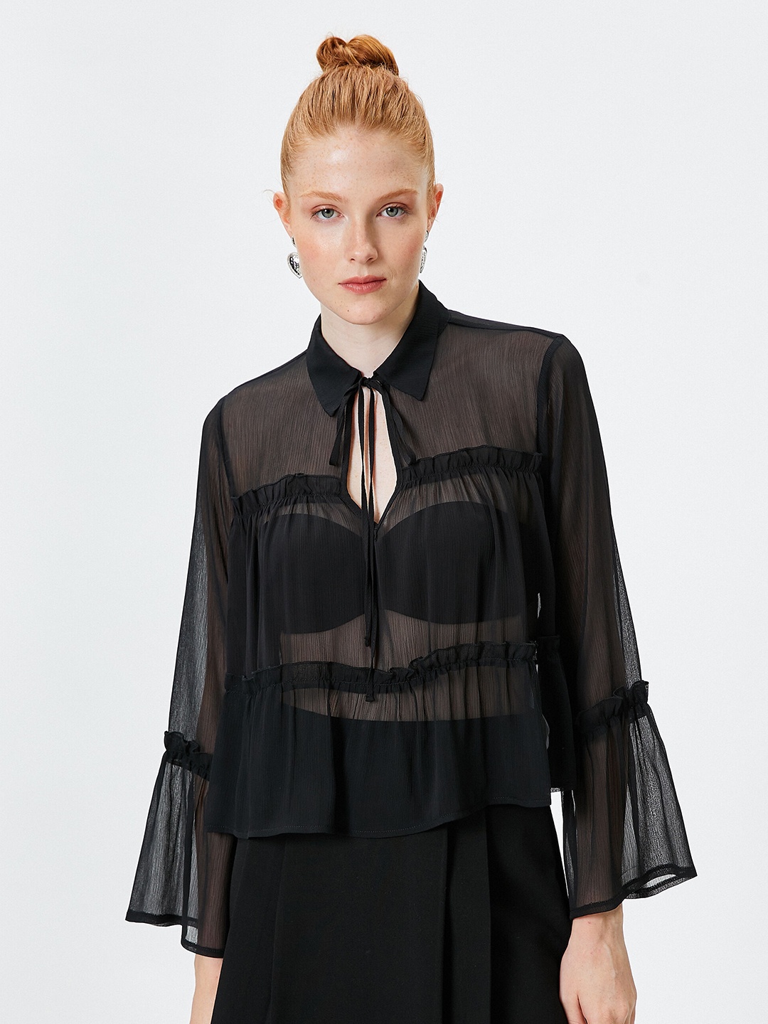 Koton Tie-Up Neck Bell Sleeve Sheer Top, Black