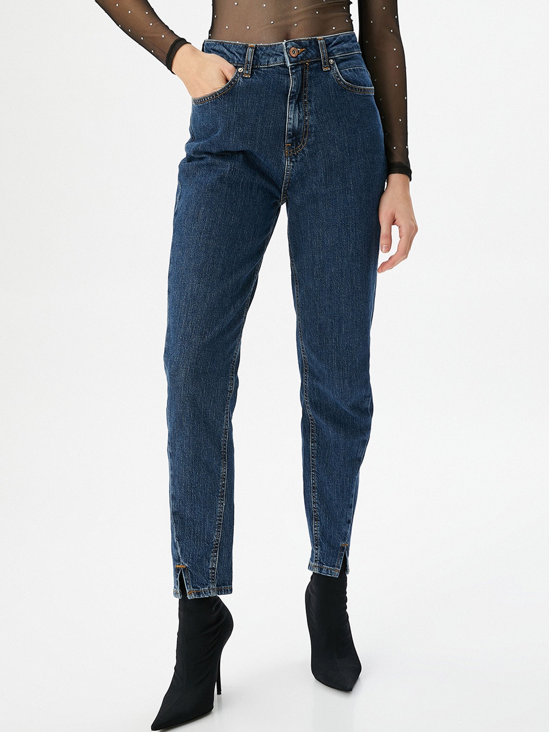 Koton Women High-Rise Cotton Trousers, Blue