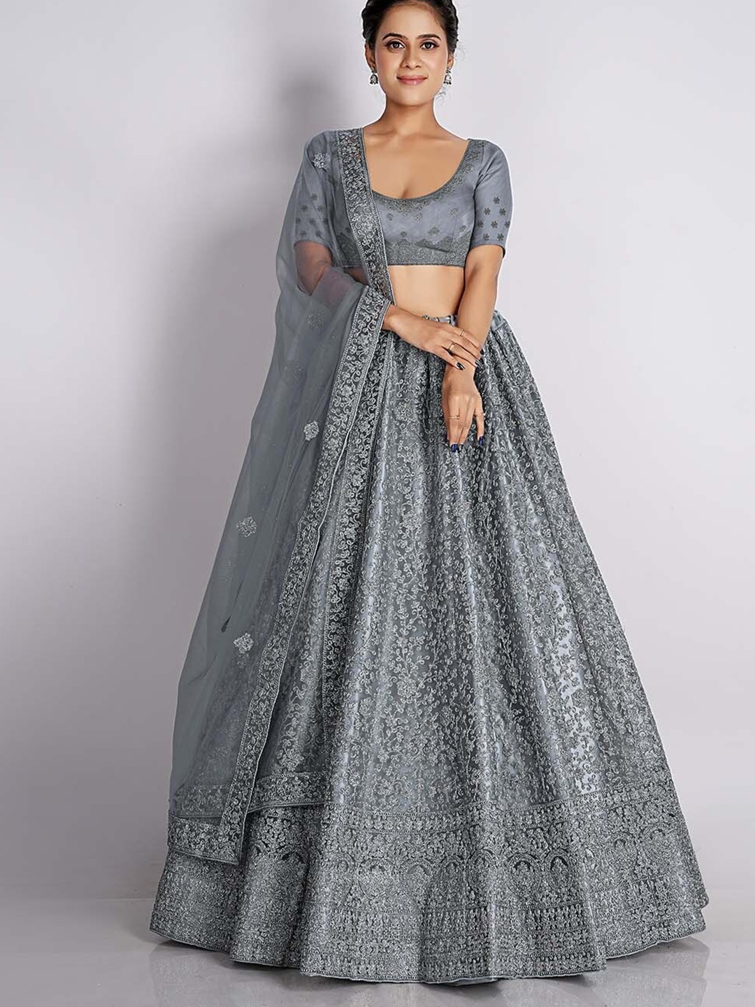 HALFSAREE STUDIO Embroidered Net Semi-Stitched Lehenga & Unstitched Blouse With Dupatta, Grey
HALFSAREE STUDIO Embroidered Net Semi-Stitched Lehenga & Unstitched Blouse With Dupatta, Grey