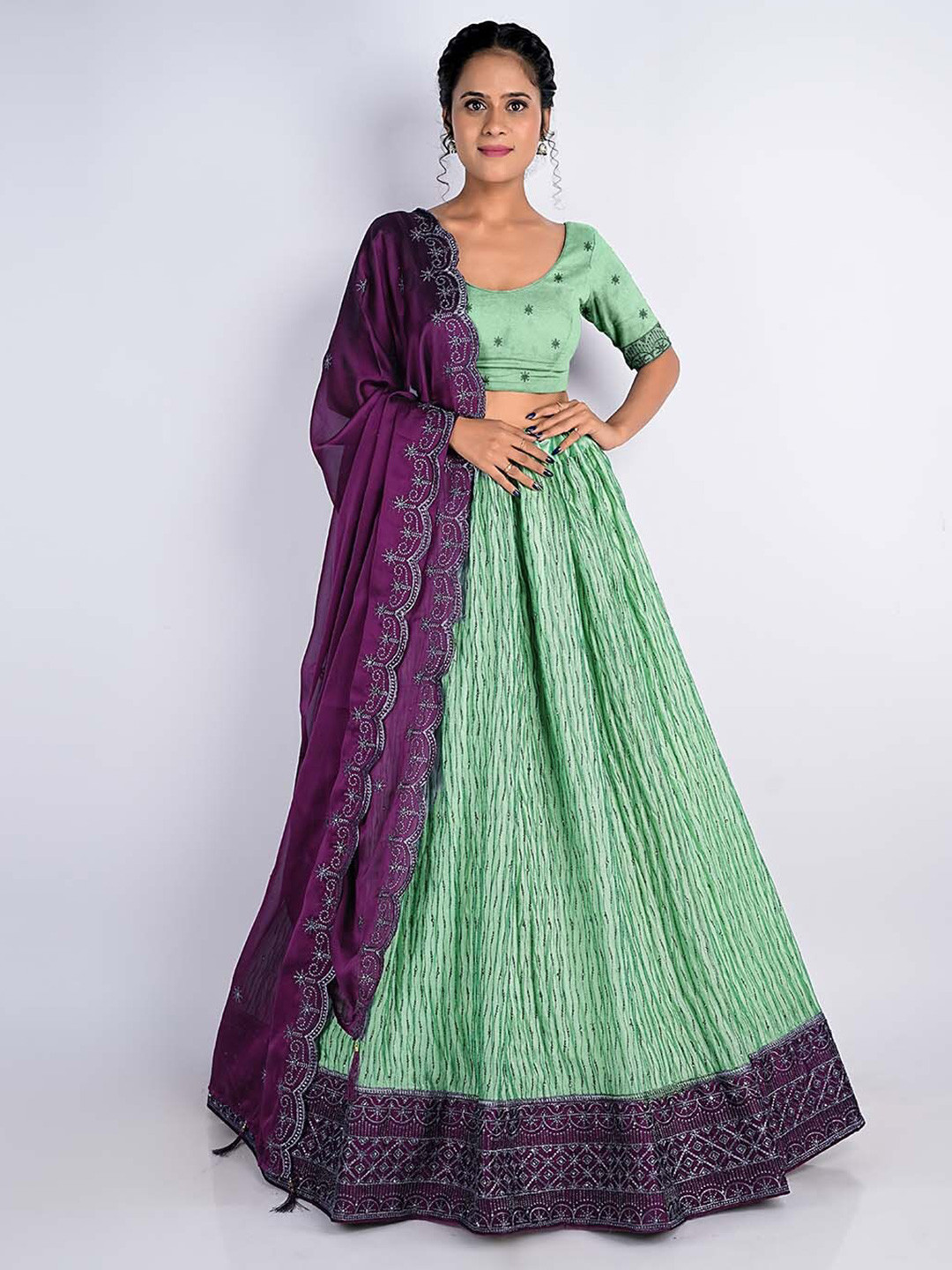 HALFSAREE STUDIO Embroidered Semi-Stitched Lehenga & Unstitched Blouse With Dupatta, Green 
HALFSAREE STUDIO Embroidered Semi-Stitched Lehenga & Unstitched Blouse With Dupatta, Green