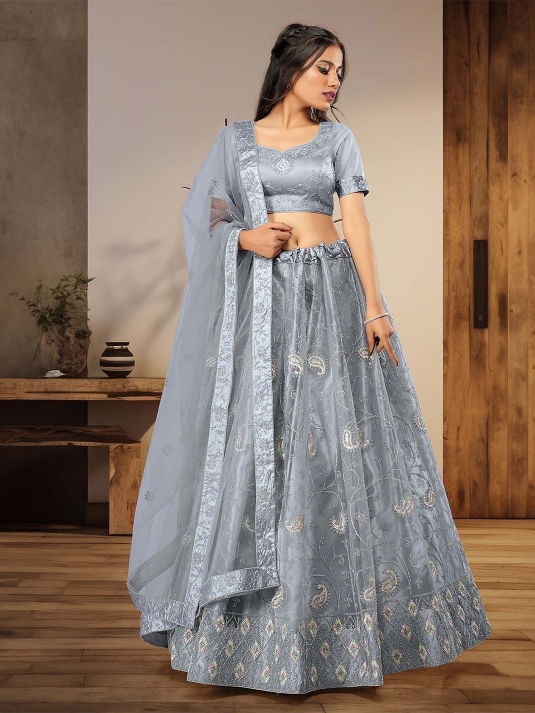 HALFSAREE STUDIO Embroidered Net Semi-Stitched Lehenga & Unstitched Blouse With Dupatta, Grey
HALFSAREE STUDIO Embroidered Net Semi-Stitched Lehenga & Unstitched Blouse With Dupatta, Grey