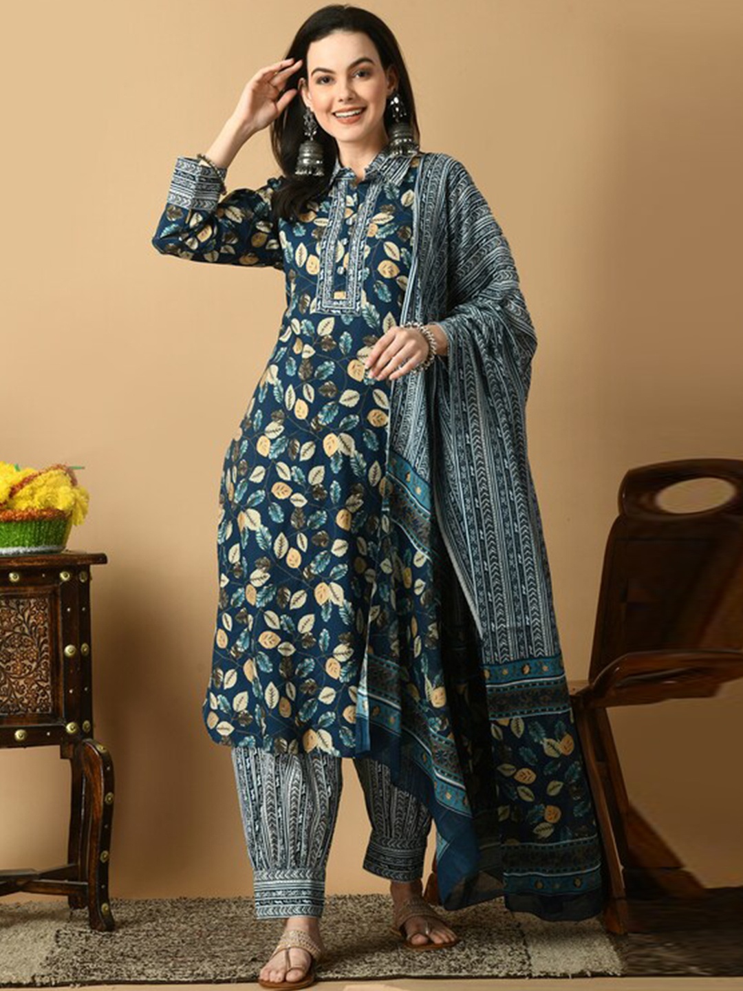 AVYCO Floral Printed Shirt Collar Pure Cotton Straight Kurta With Trouser & Dupatta, Navy blue
AVYCO Floral Printed Shirt Collar Pure Cotton Straight Kurta With Trouser & Dupatta, Navy blue