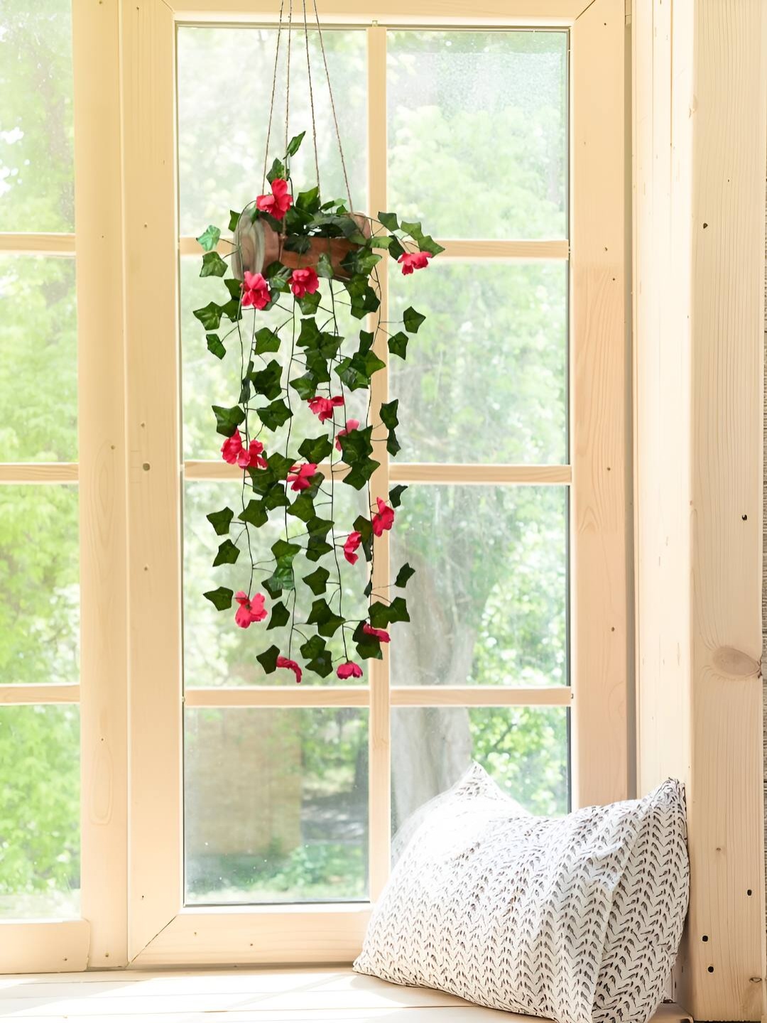 DECOREBUGS Green & Pink Artificial Flower Maple Plant With Wooden Hanging Pot