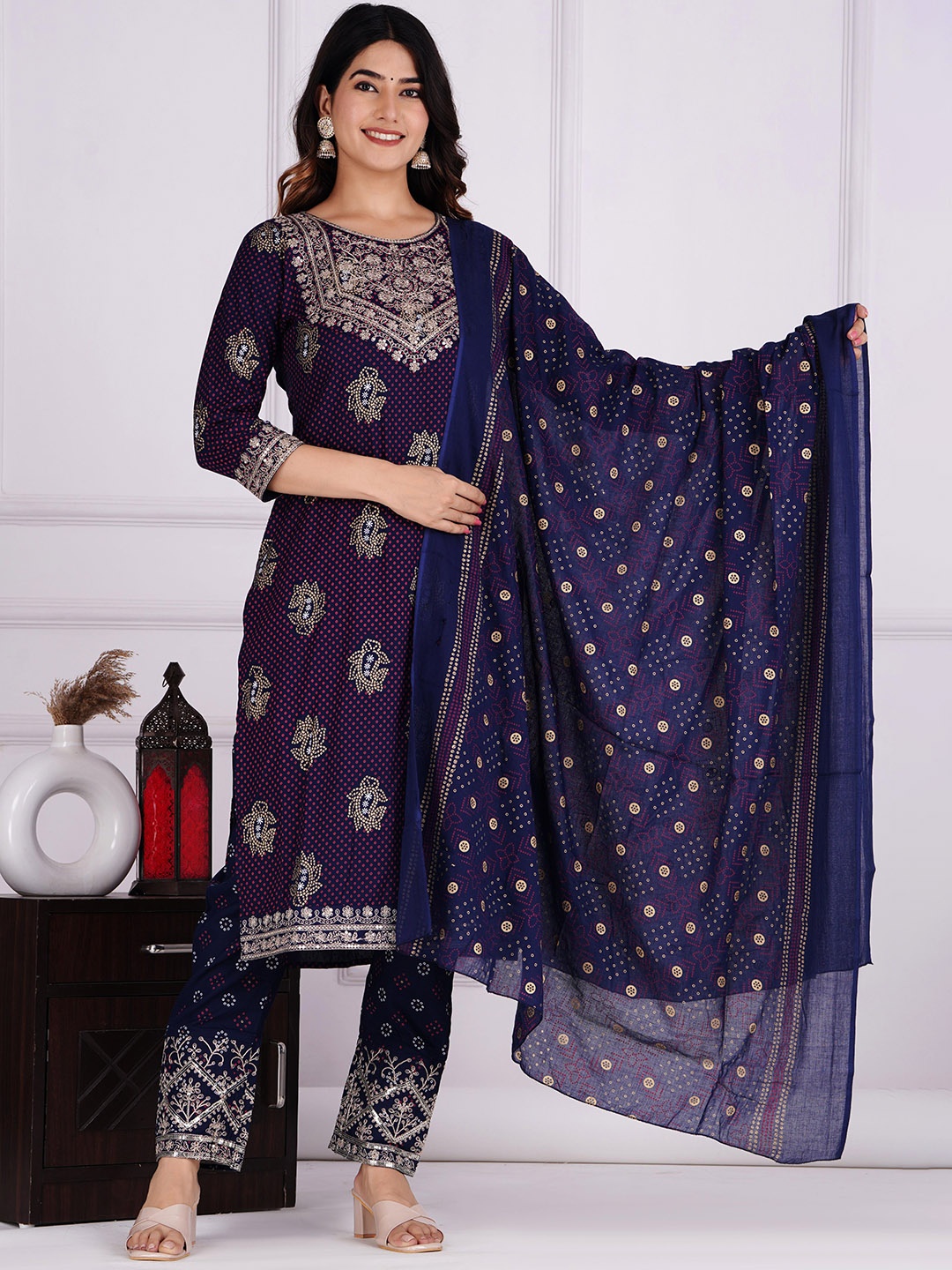 DHROOV TARA Bandhani Printed Regular Thread Work Kurta With Trousers & Dupatta, Blue
DHROOV TARA Bandhani Printed Regular Thread Work Kurta With Trousers & Dupatta, Blue