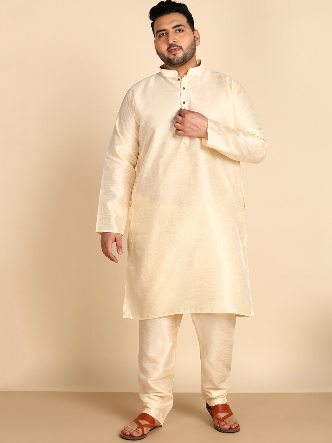Sztori Plus Size Mandarin Collar Long Sleeves Art Silk Straight Kurta With Churidar, Cream
Sztori Plus Size Mandarin Collar Long Sleeves Art Silk Straight Kurta With Churidar, Cream