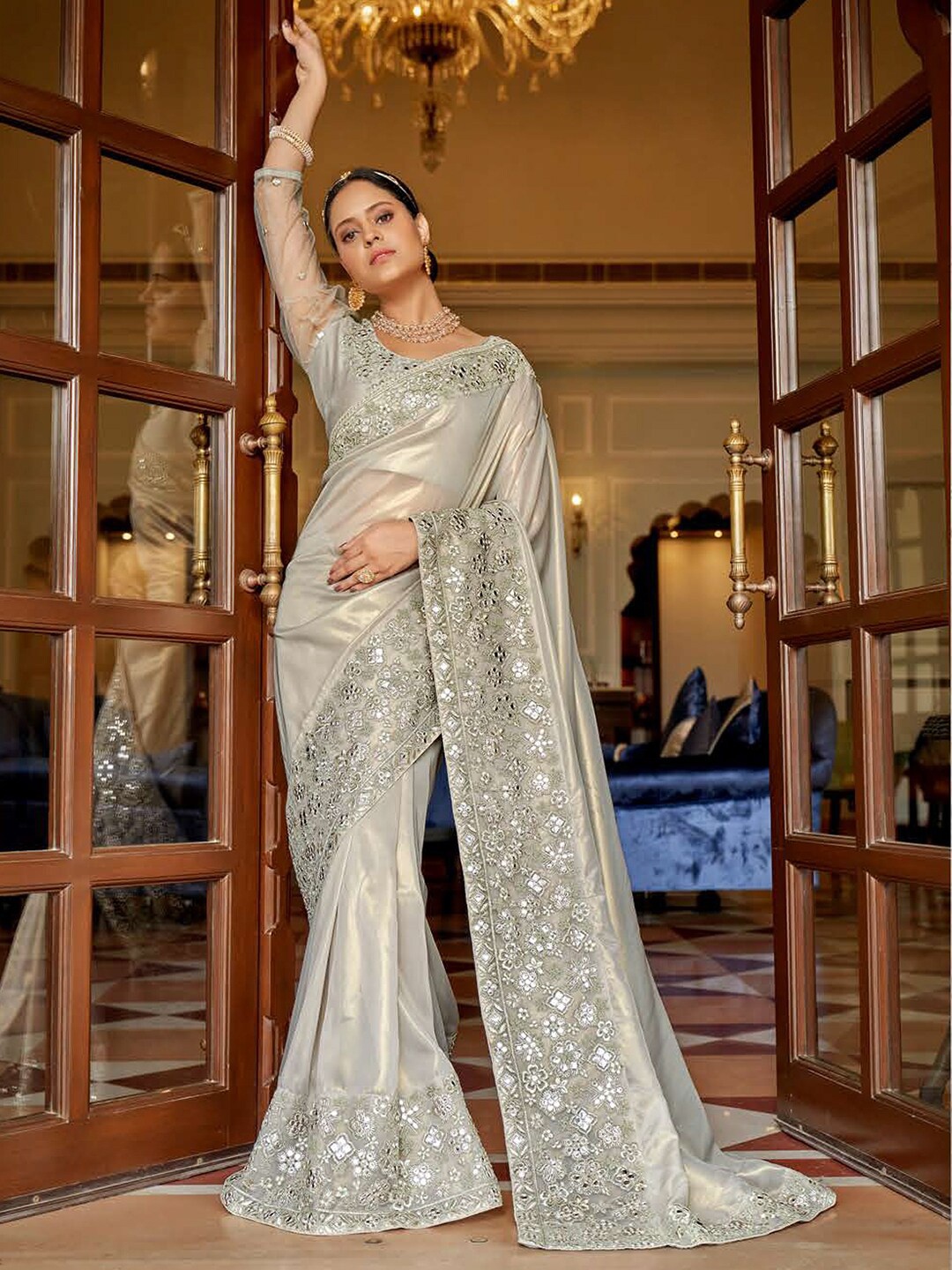 Kalista Floral Embroidered Mirror Work Border Organza Saree With Belt, Silver
Kalista Floral Embroidered Mirror Work Border Organza Saree With Belt, Silver