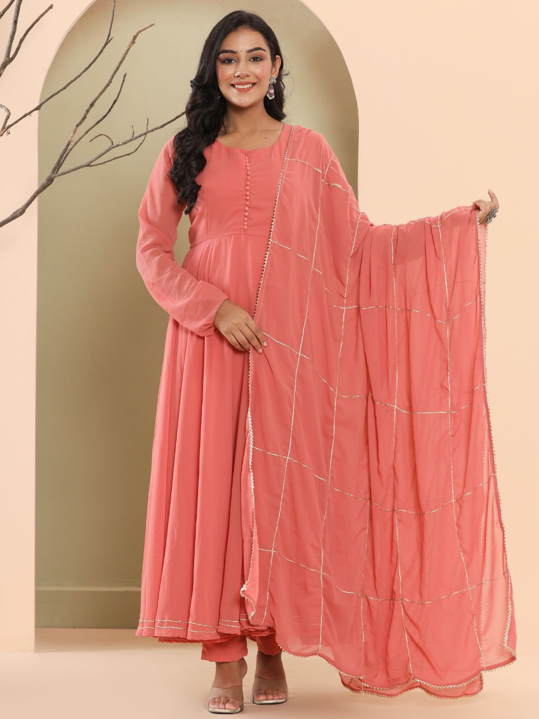 HOUSE OF JAMOTI Round Neck Long Sleeves Anarkali Kurta With Trousers & Dupatta, Pink
HOUSE OF JAMOTI Round Neck Long Sleeves Anarkali Kurta With Trousers & Dupatta, Pink
