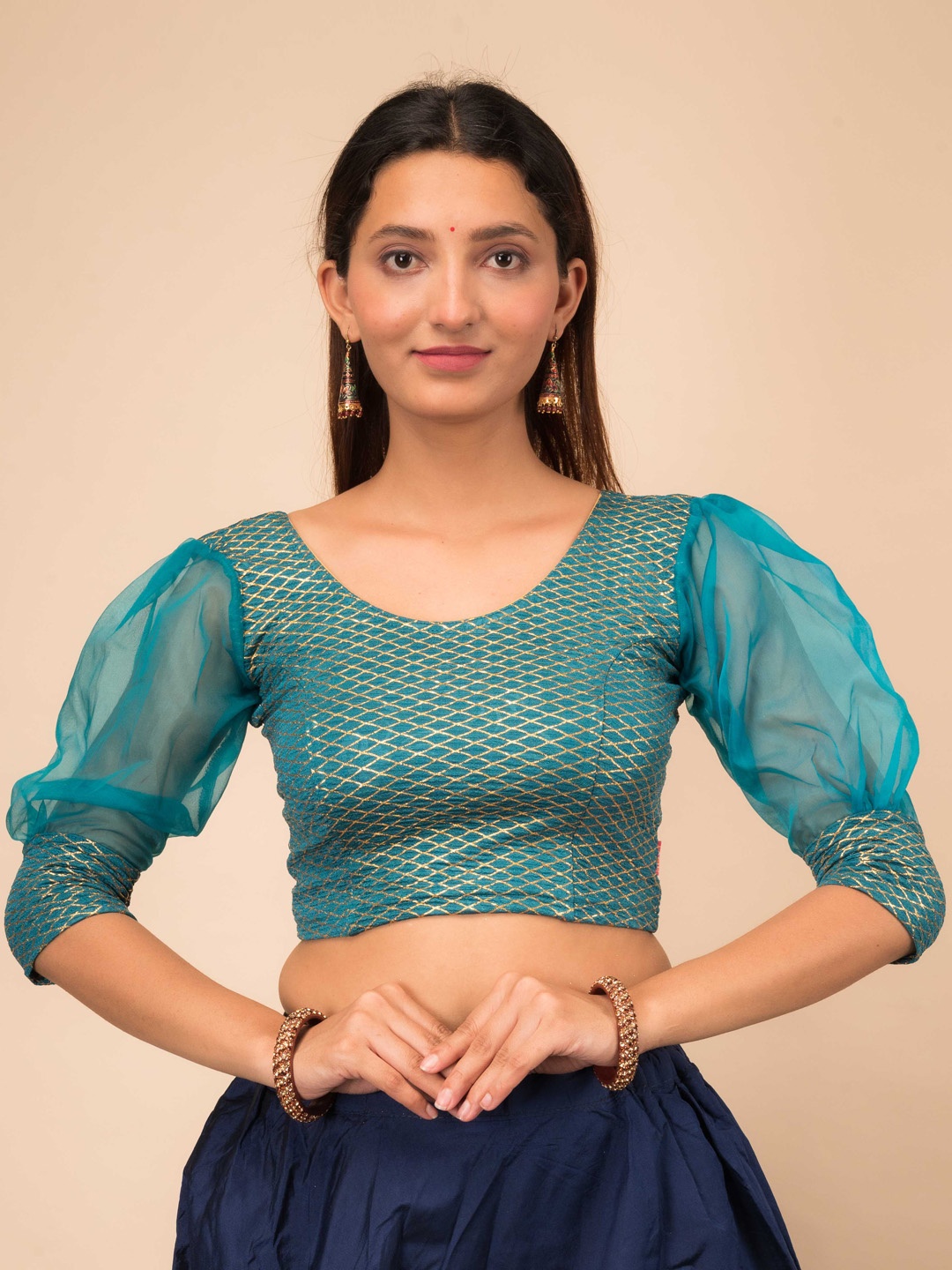 Bindigasm's Advi Simi Gold Checked Embellished Jacquard Organza Stretchable Blouse, Teal
Bindigasm's Advi Simi Gold Checked Embellished Jacquard Organza Stretchable Blouse, Teal