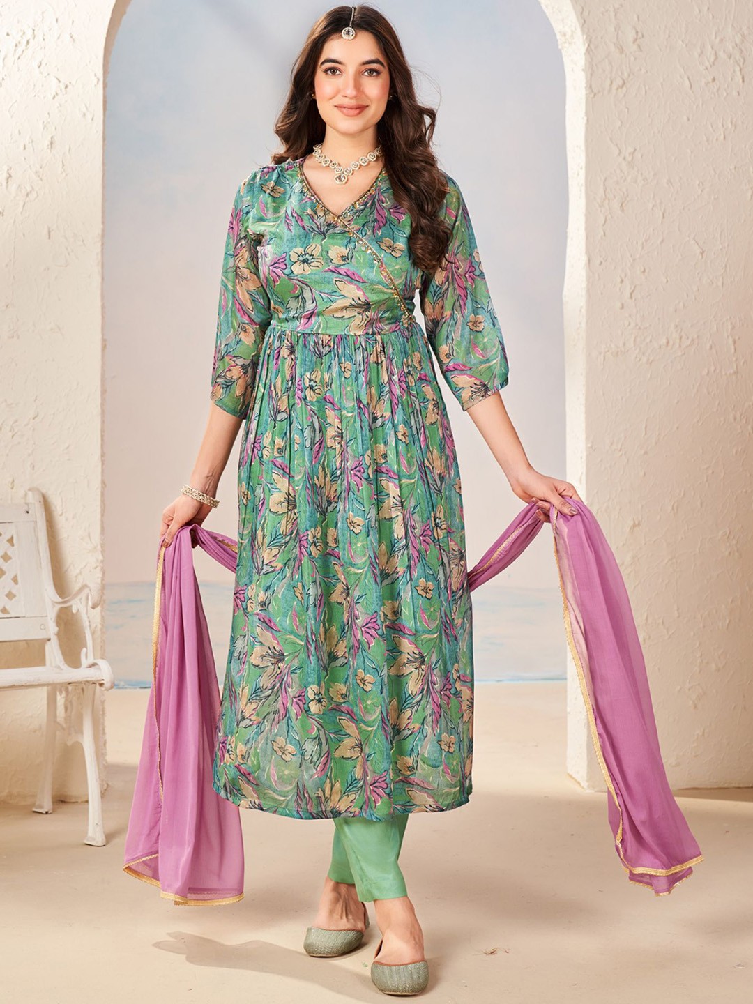 KALINI Floral Printed Beads & Stones Detailed A-Line Kurta & Trouser With Dupatta, Green
KALINI Floral Printed Beads & Stones Detailed A-Line Kurta & Trouser With Dupatta, Green