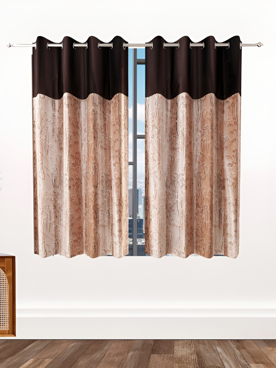 Ville Style Brown 2Pcs Floral Room Darkening Window Curtains
